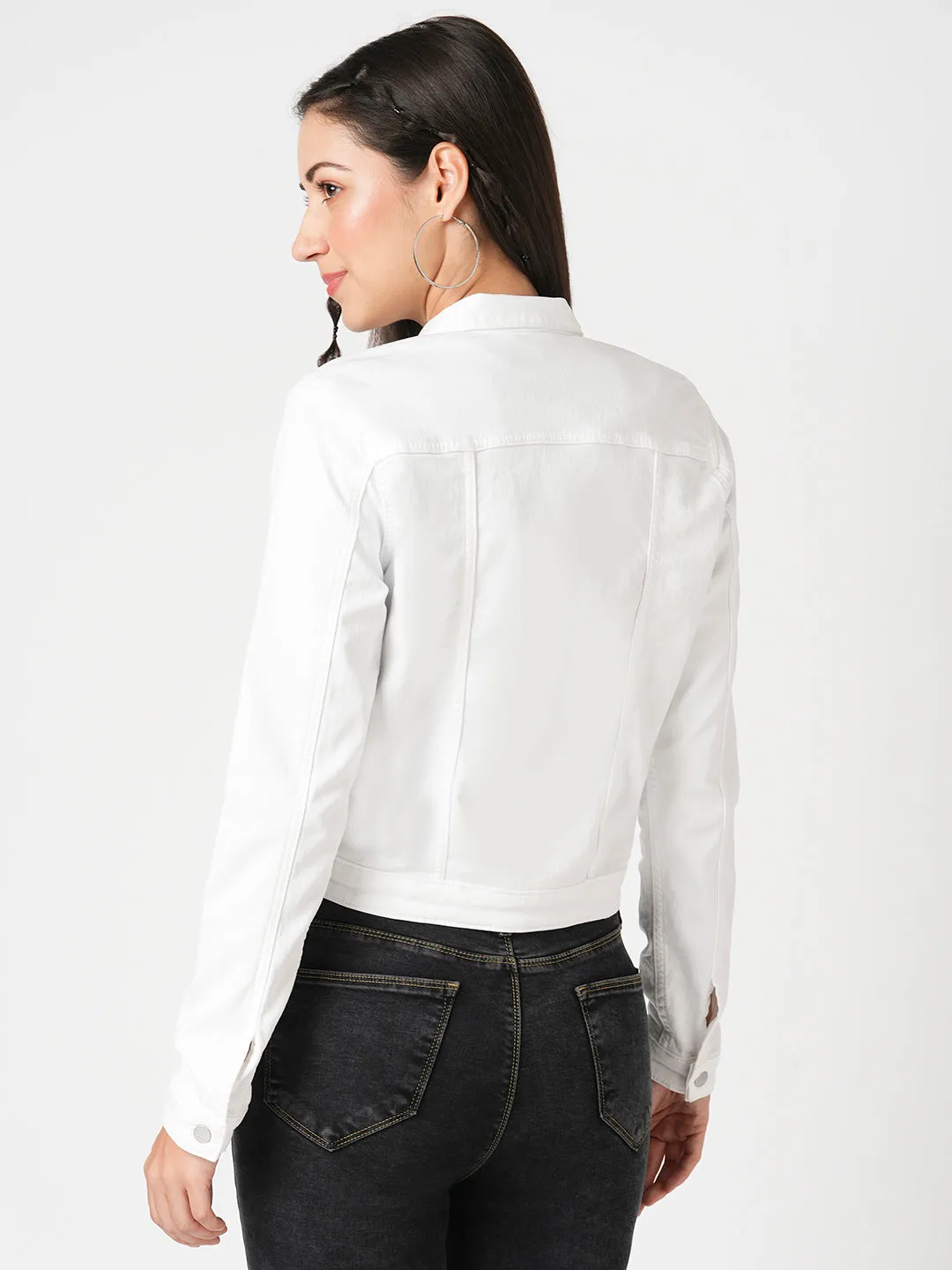 Women White Solid Long Sleeves Jacket