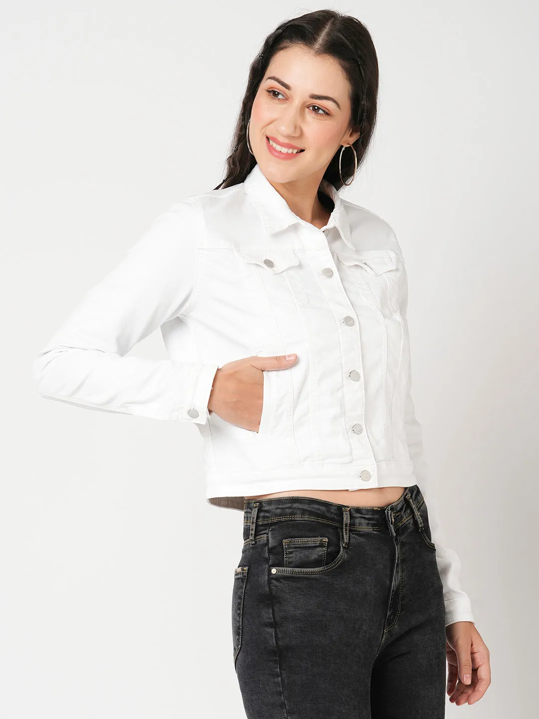 Women White Solid Long Sleeves Jacket