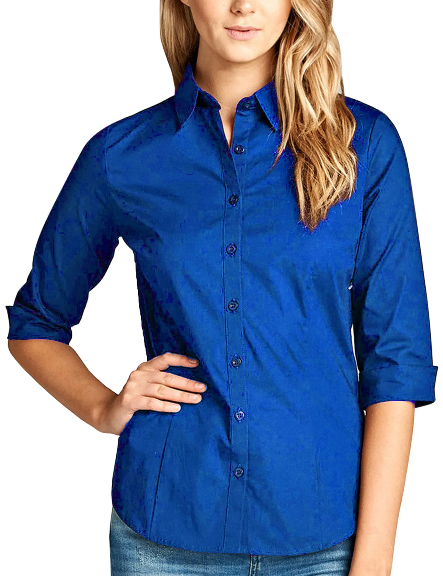 Womens Classic Solid 3/4 Sleeve Button Down Blouse Dress Shirt