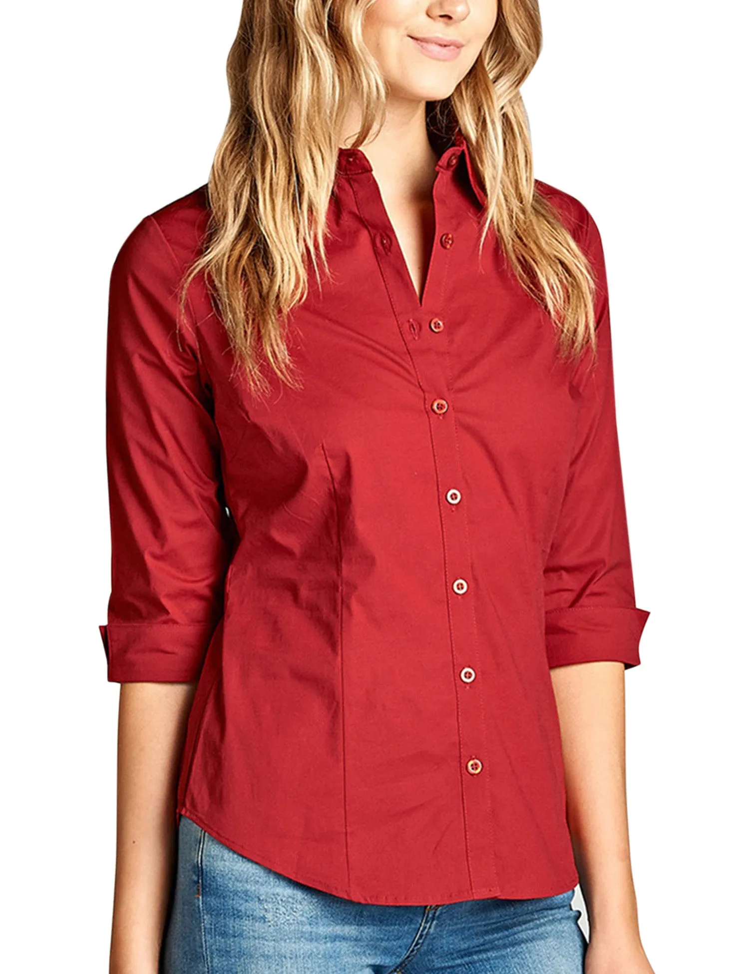Womens Classic Solid 3/4 Sleeve Button Down Blouse Dress Shirt