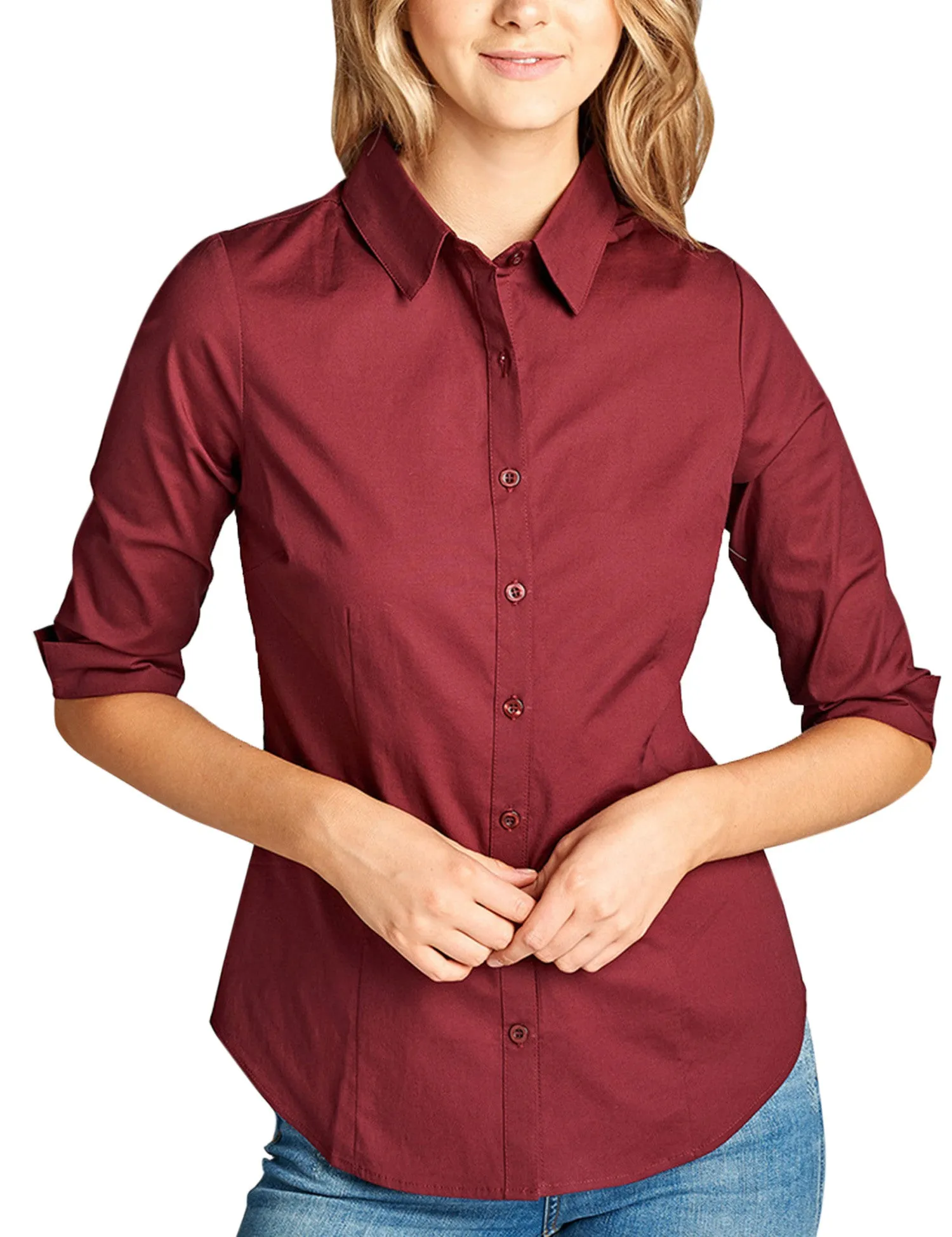 Womens Classic Solid 3/4 Sleeve Button Down Blouse Dress Shirt
