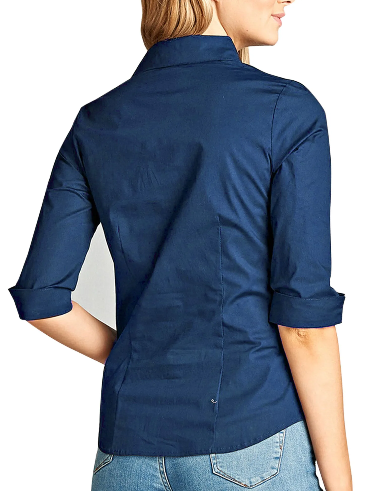Womens Classic Solid 3/4 Sleeve Button Down Blouse Dress Shirt