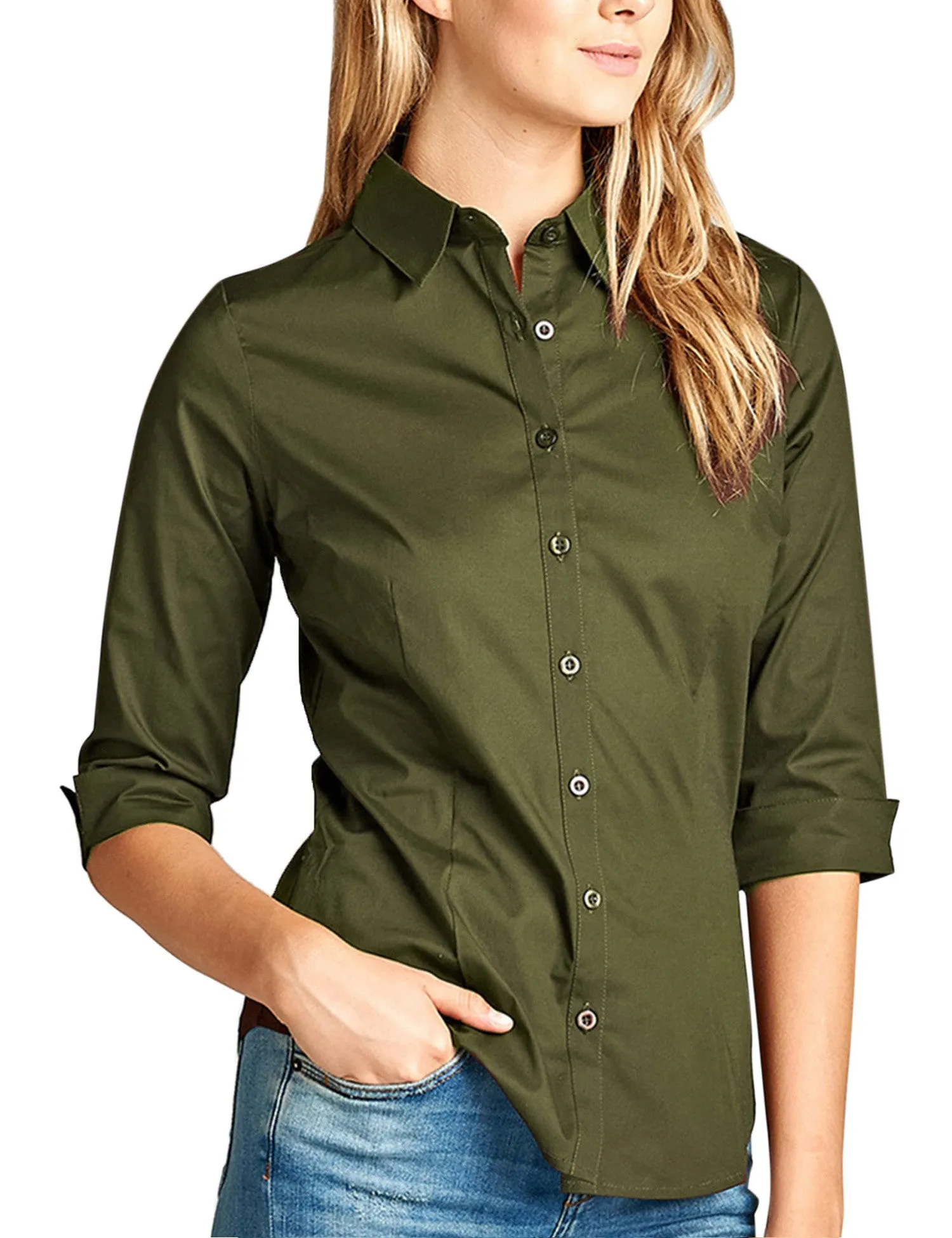Womens Classic Solid 3/4 Sleeve Button Down Blouse Dress Shirt