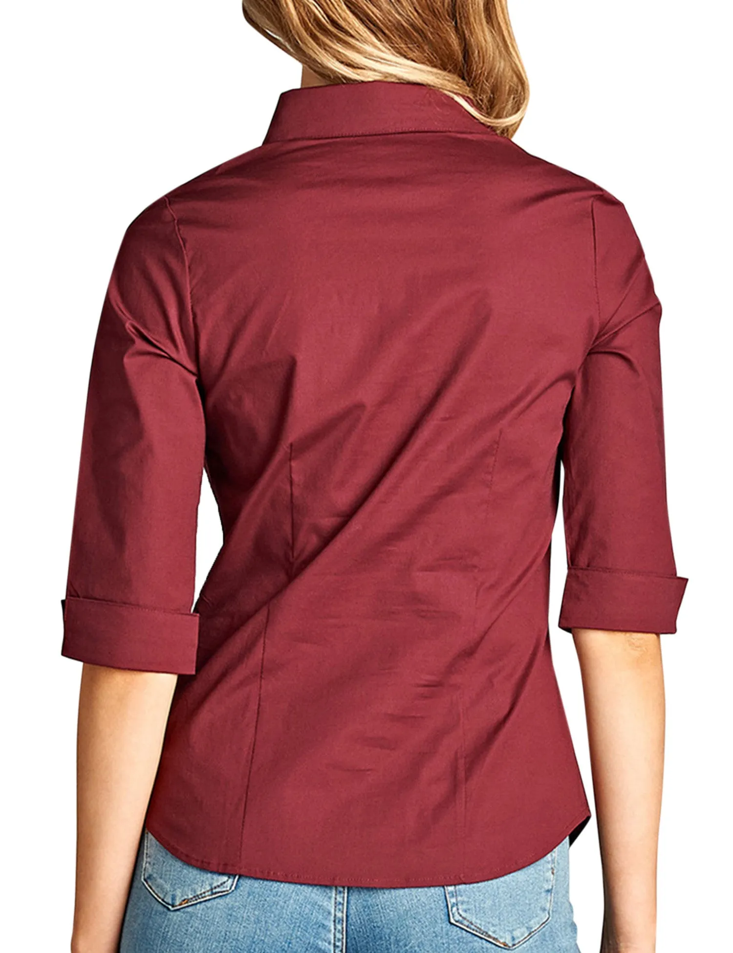 Womens Classic Solid 3/4 Sleeve Button Down Blouse Dress Shirt