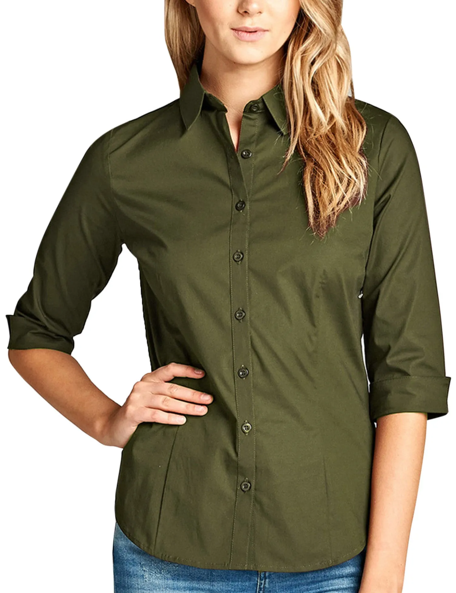 Womens Classic Solid 3/4 Sleeve Button Down Blouse Dress Shirt