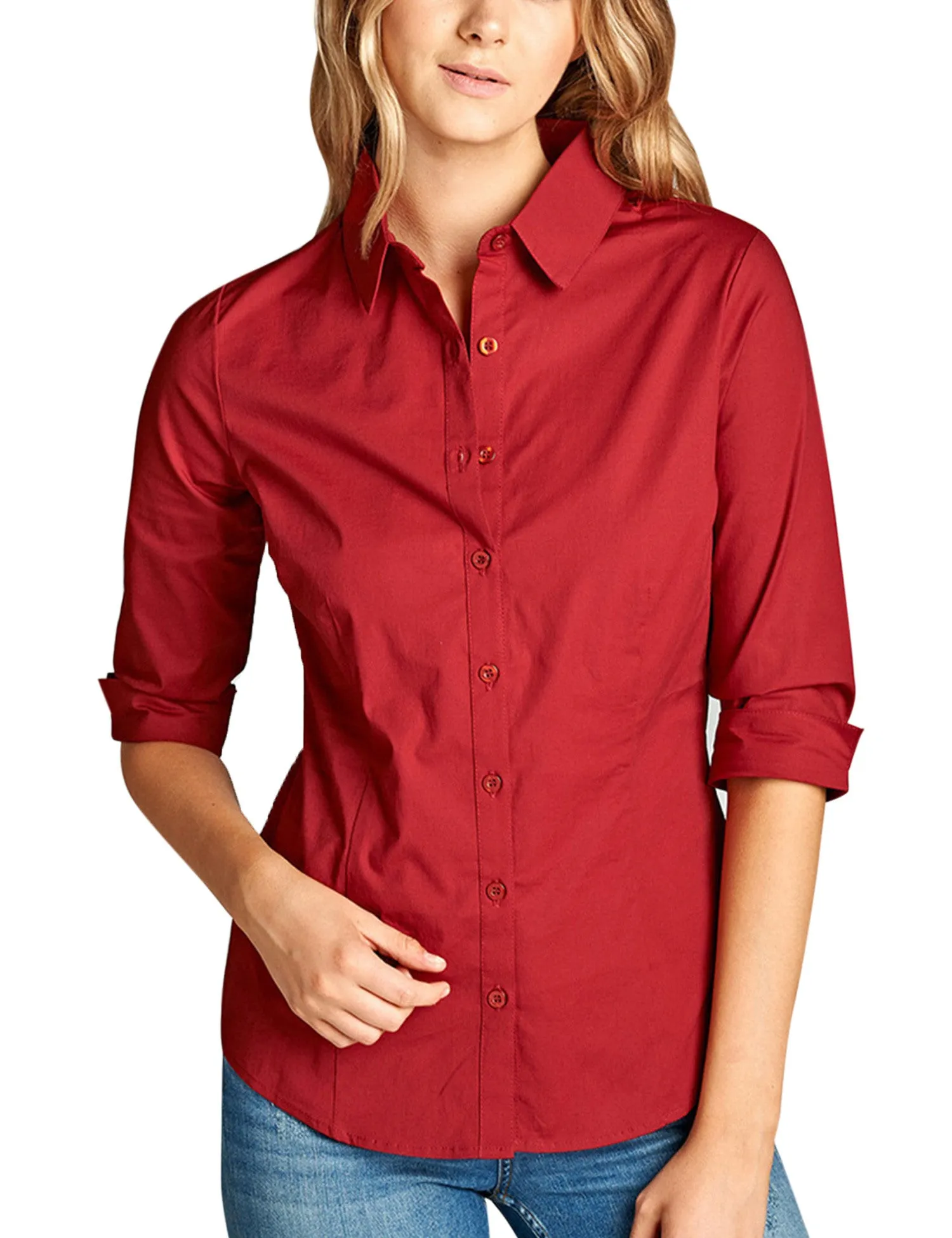 Womens Classic Solid 3/4 Sleeve Button Down Blouse Dress Shirt