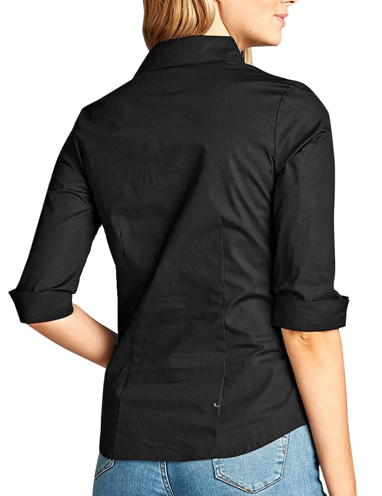 Womens Classic Solid 3/4 Sleeve Button Down Blouse Dress Shirt