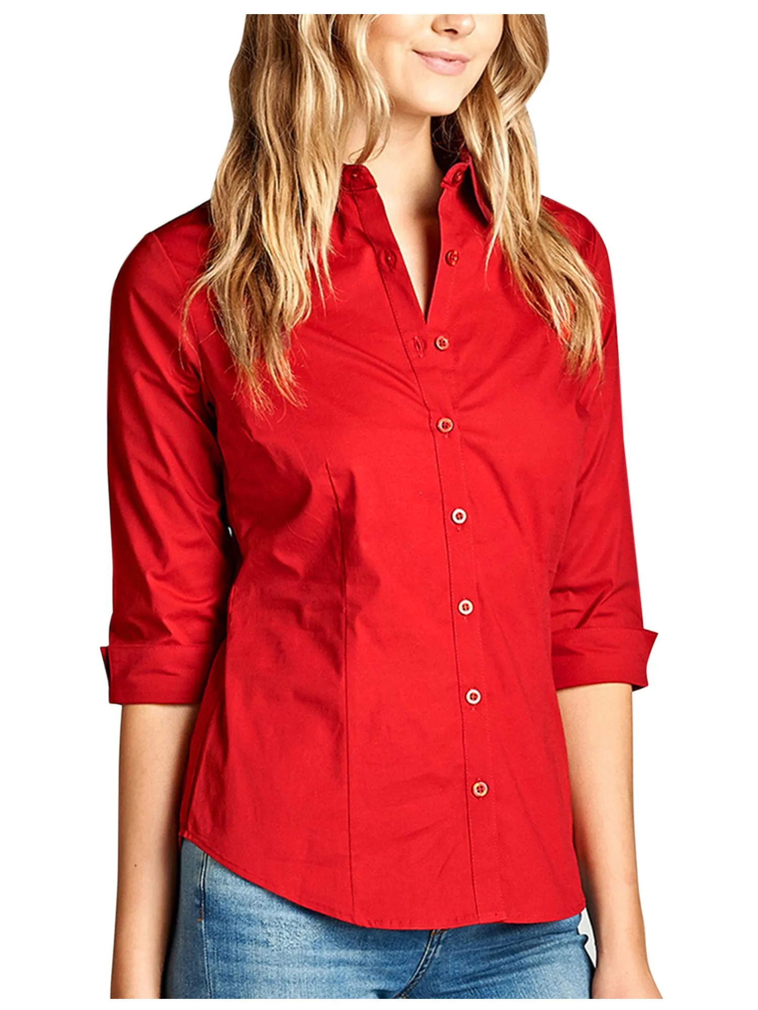 Womens Classic Solid 3/4 Sleeve Button Down Blouse Dress Shirt