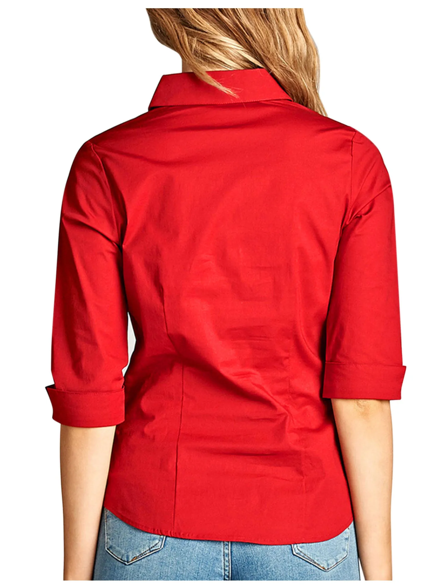 Womens Classic Solid 3/4 Sleeve Button Down Blouse Dress Shirt