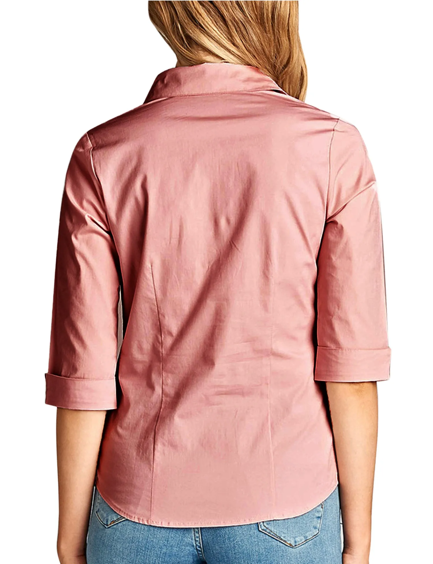 Womens Classic Solid 3/4 Sleeve Button Down Blouse Dress Shirt