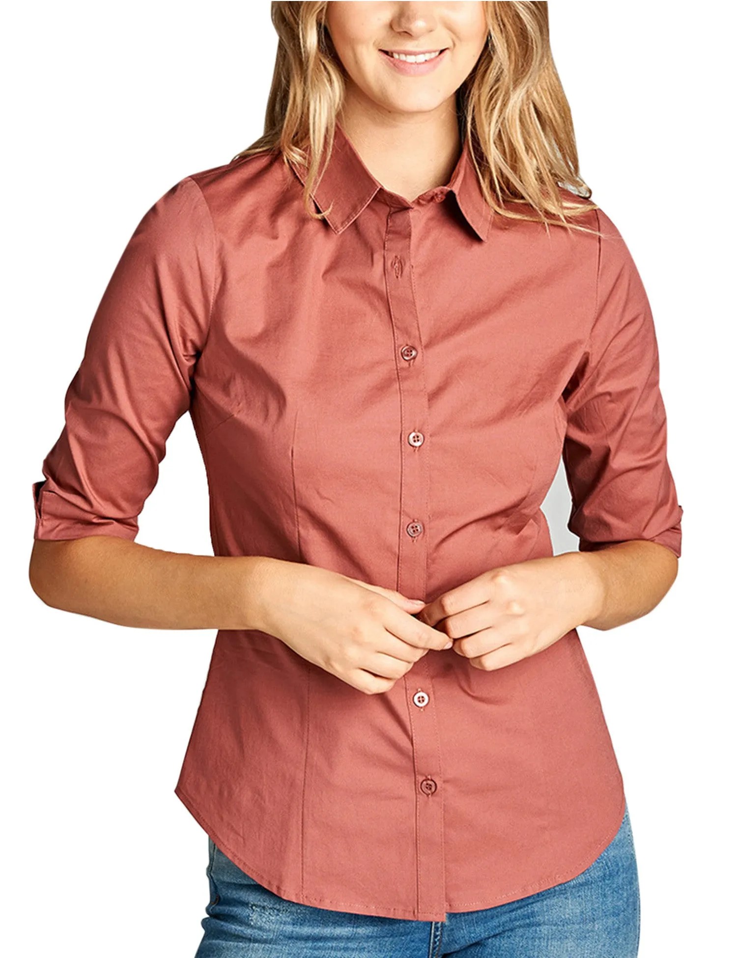 Womens Classic Solid 3/4 Sleeve Button Down Blouse Dress Shirt