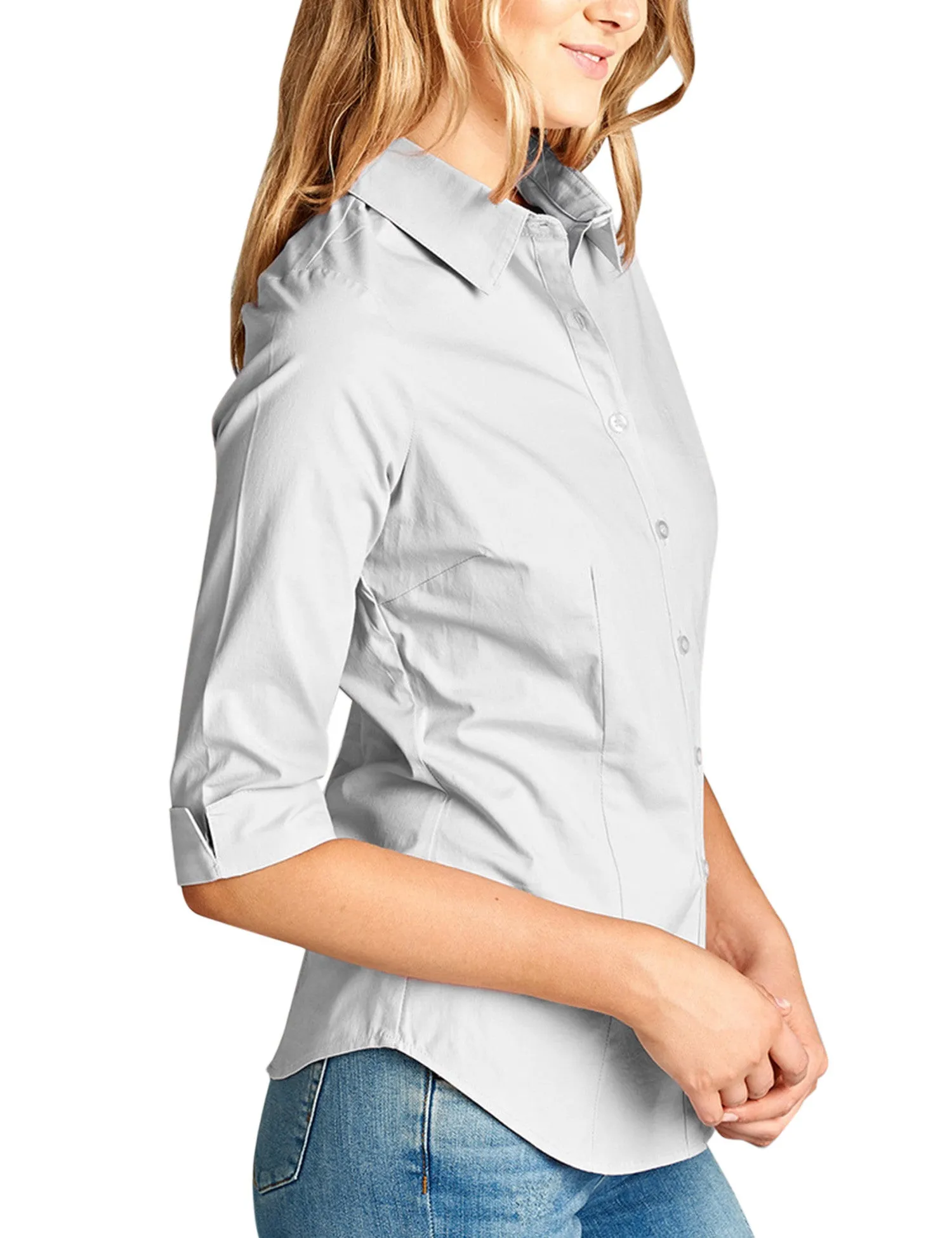 Womens Classic Solid 3/4 Sleeve Button Down Blouse Dress Shirt