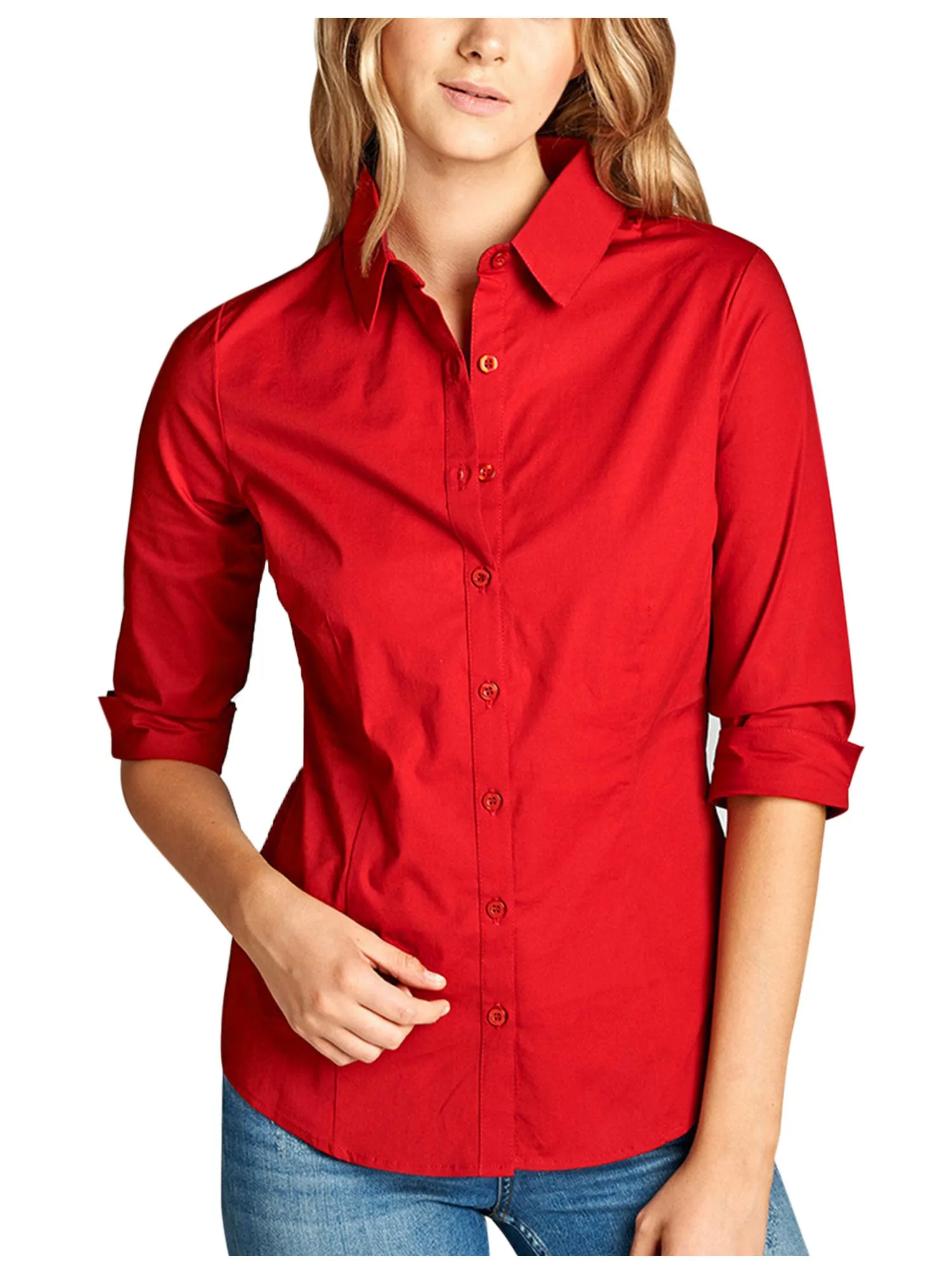Womens Classic Solid 3/4 Sleeve Button Down Blouse Dress Shirt