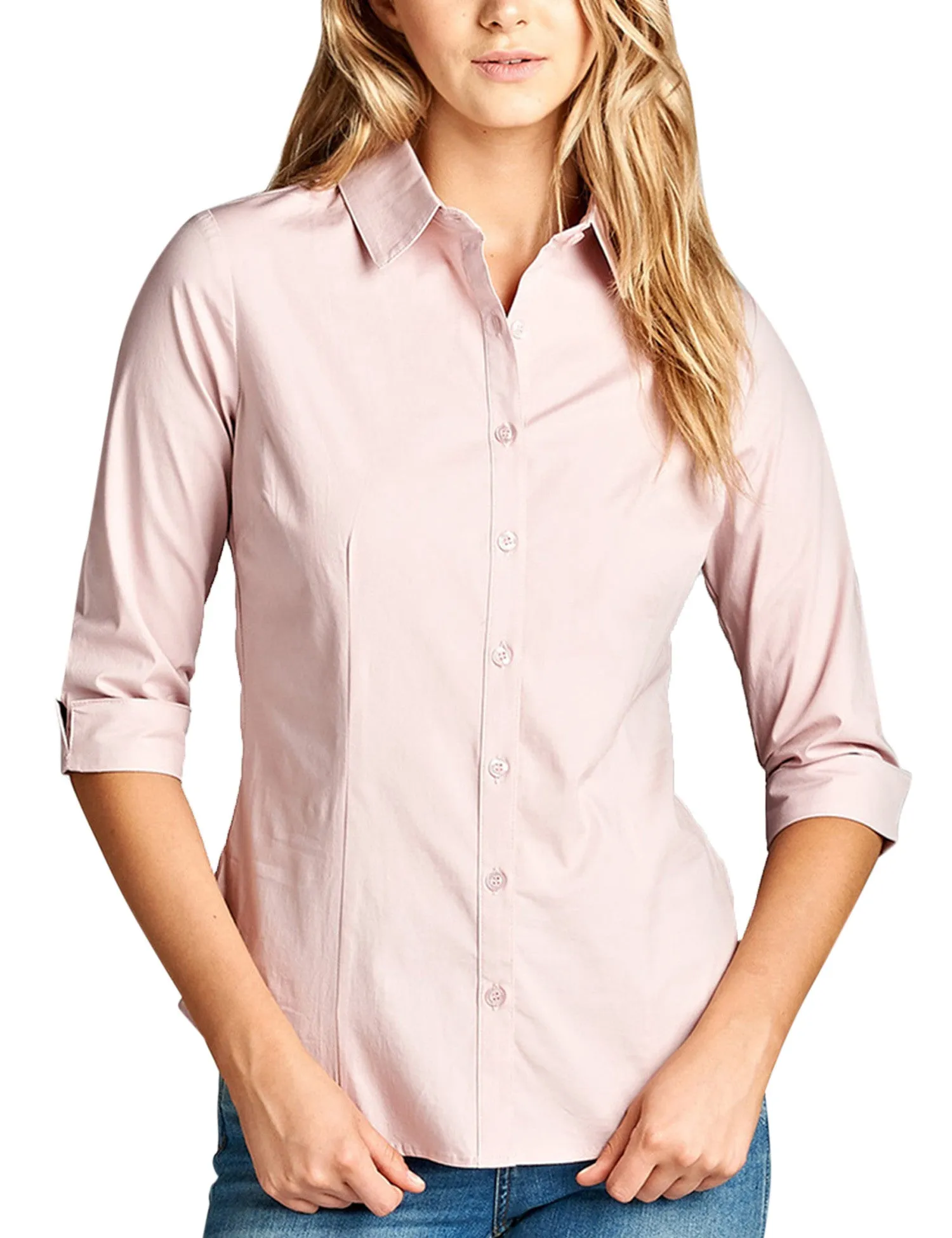 Womens Classic Solid 3/4 Sleeve Button Down Blouse Dress Shirt