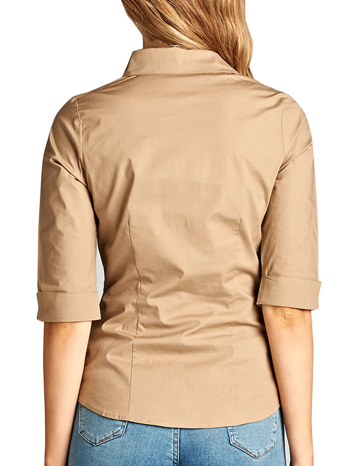 Womens Classic Solid 3/4 Sleeve Button Down Blouse Dress Shirt