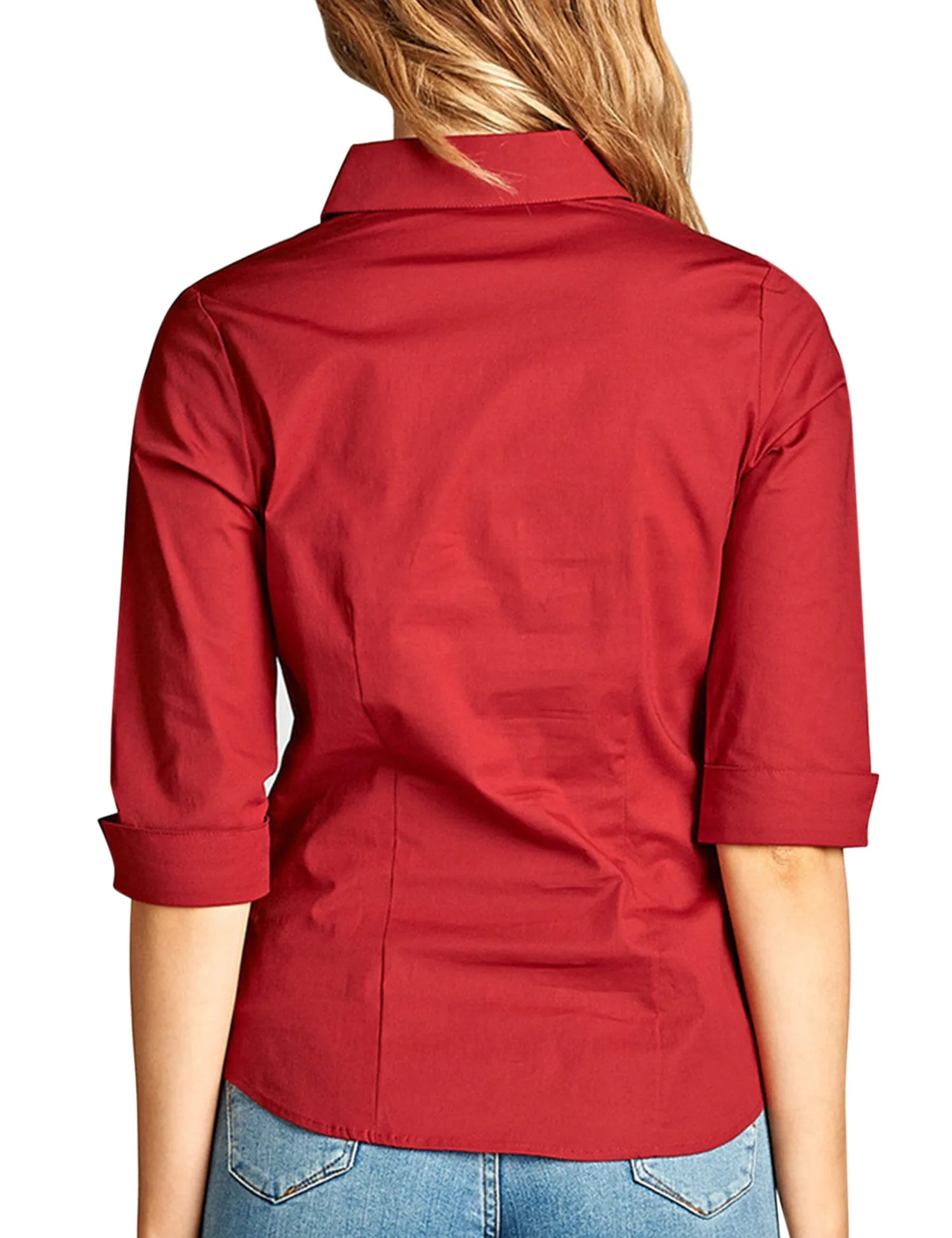 Womens Classic Solid 3/4 Sleeve Button Down Blouse Dress Shirt
