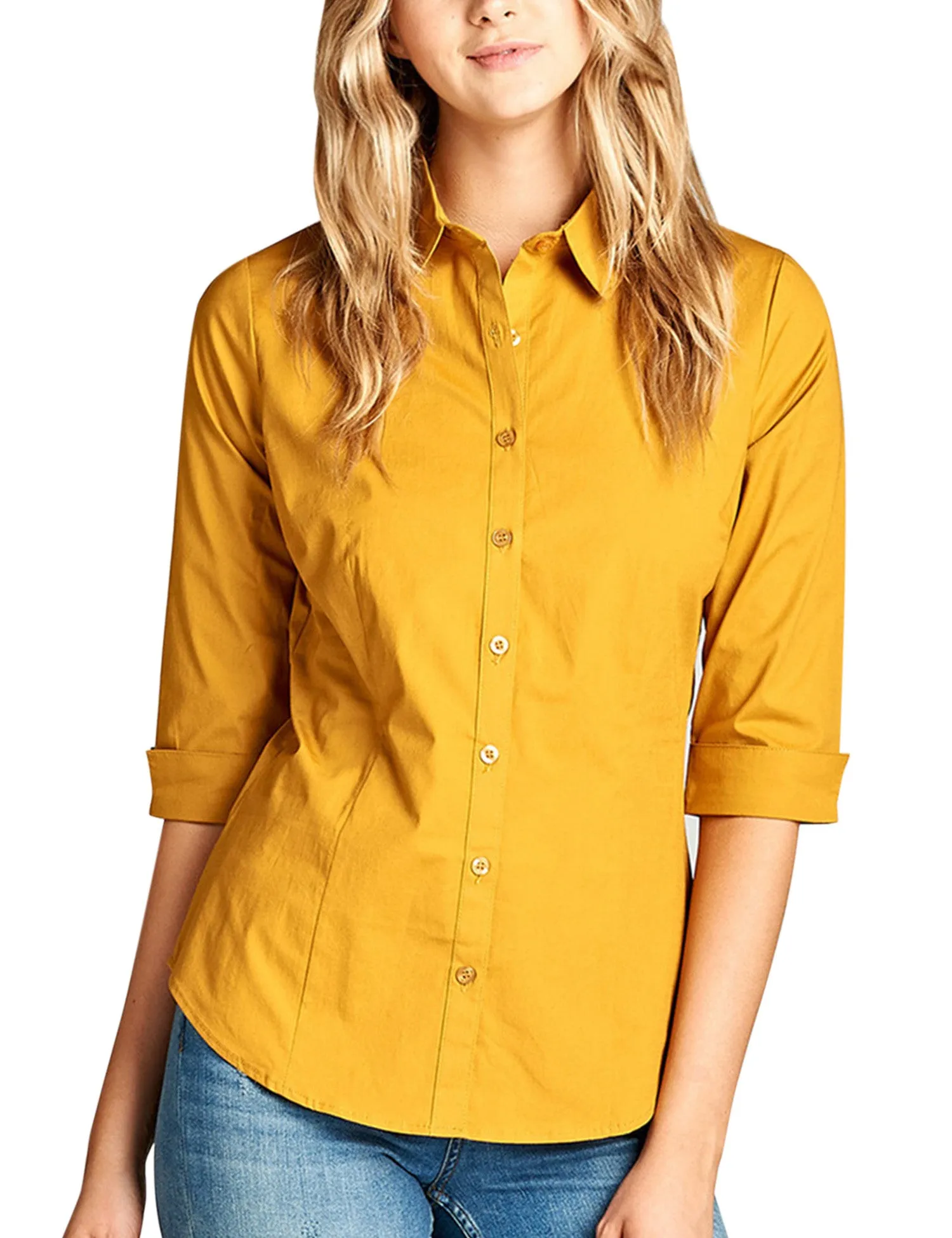 Womens Classic Solid 3/4 Sleeve Button Down Blouse Dress Shirt