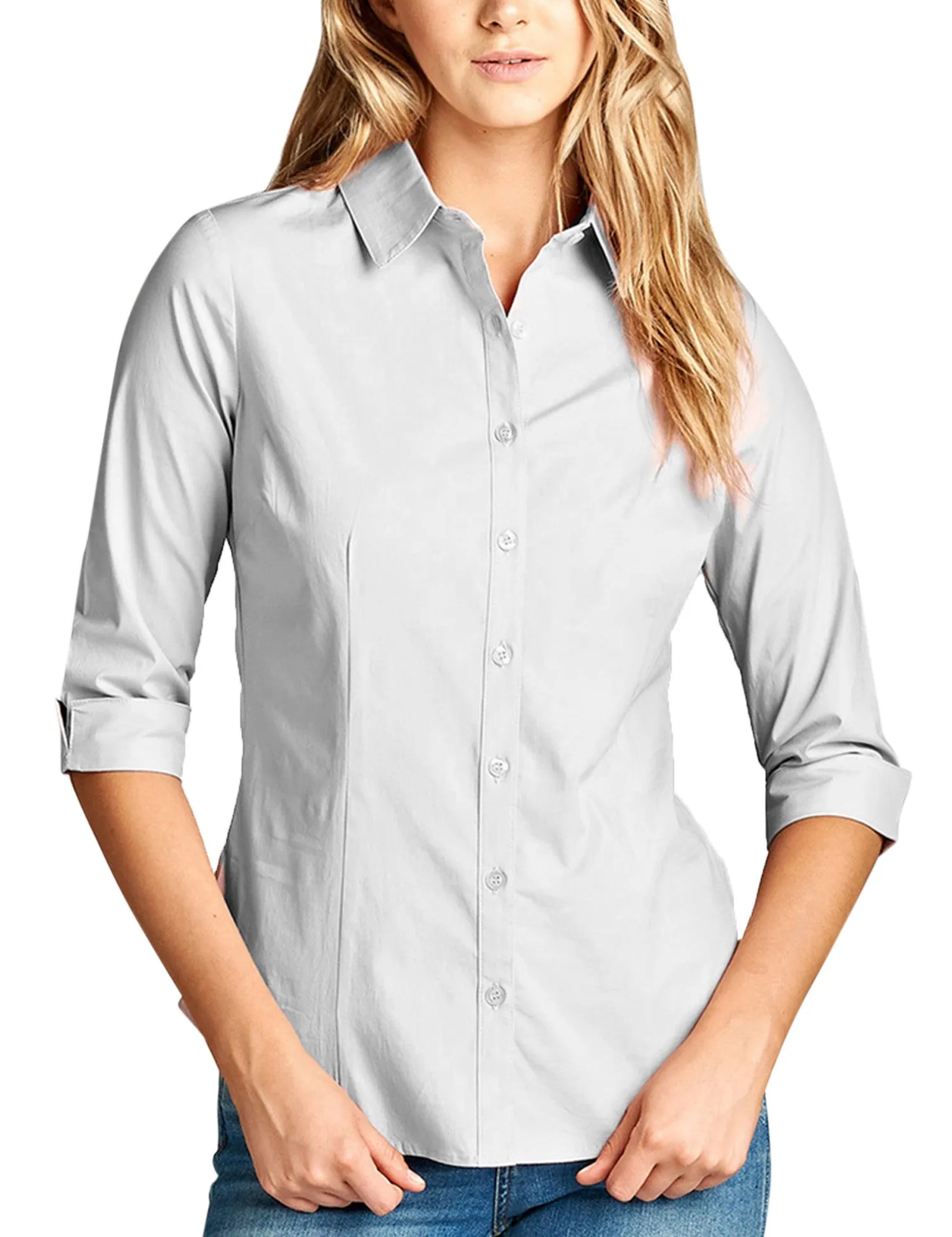 Womens Classic Solid 3/4 Sleeve Button Down Blouse Dress Shirt
