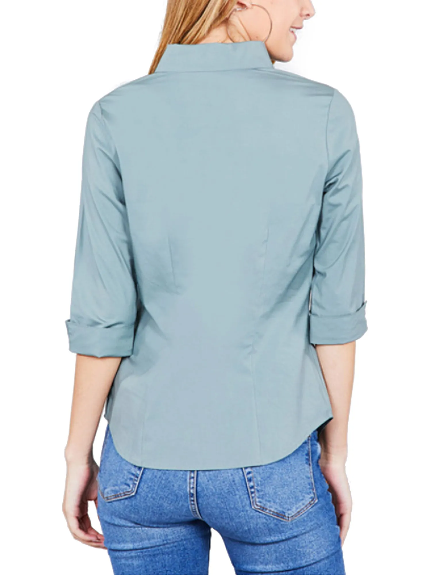 Womens Classic Solid 3/4 Sleeve Button Down Blouse Dress Shirt