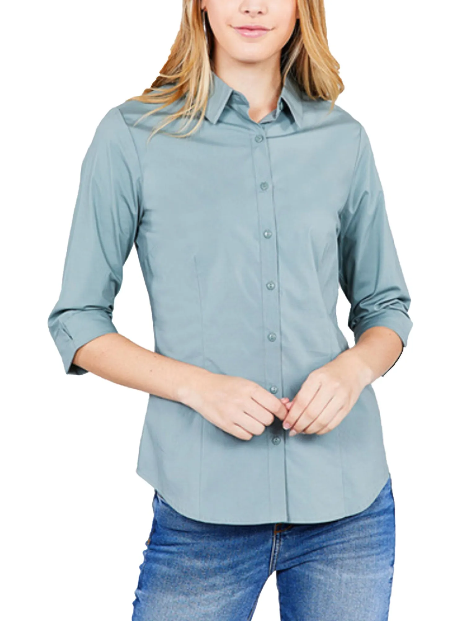 Womens Classic Solid 3/4 Sleeve Button Down Blouse Dress Shirt