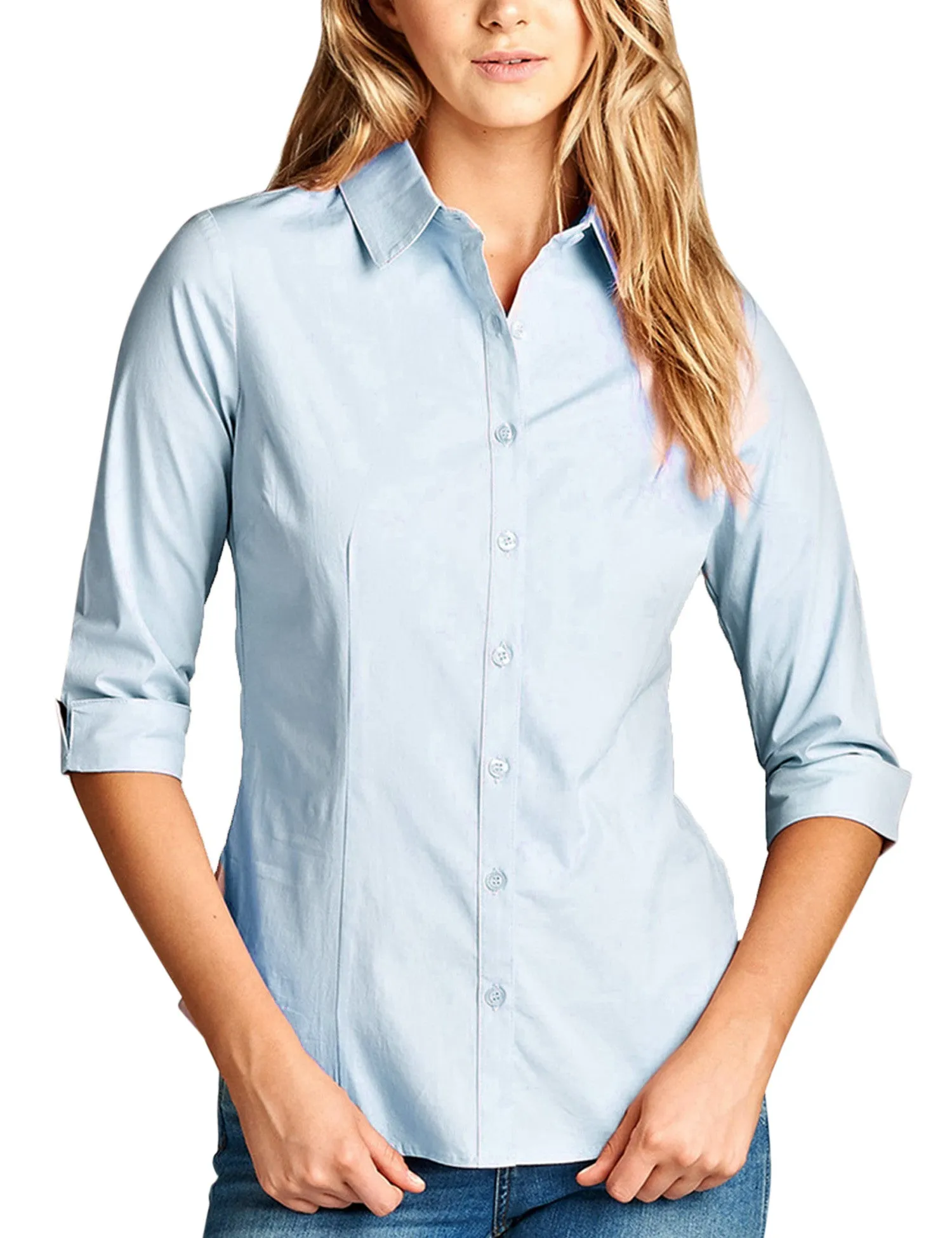 Womens Classic Solid 3/4 Sleeve Button Down Blouse Dress Shirt