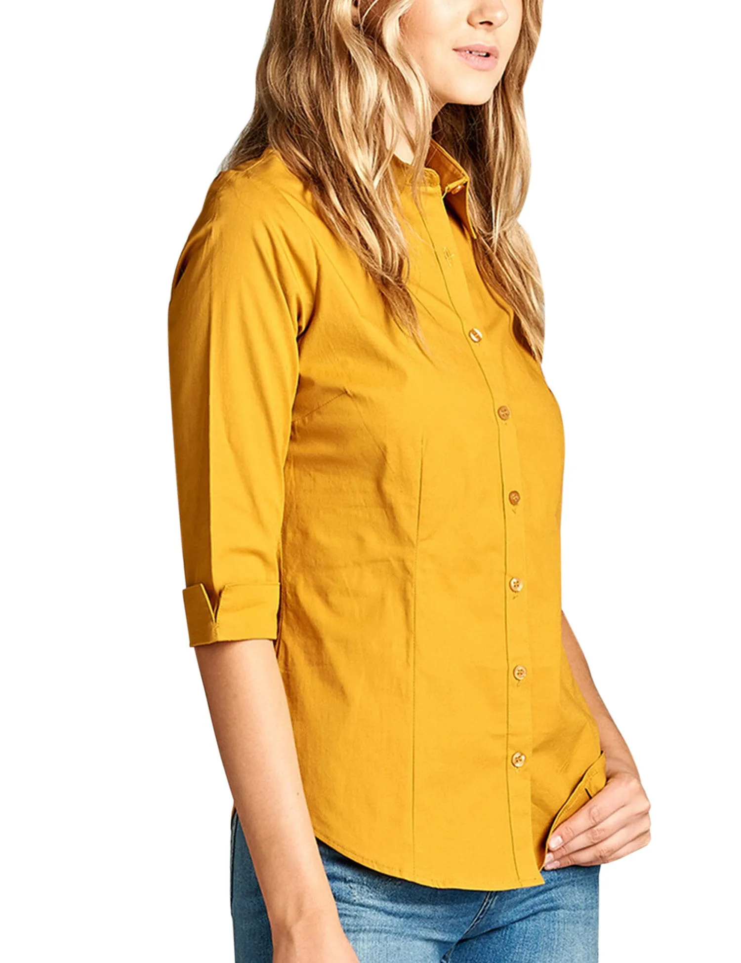 Womens Classic Solid 3/4 Sleeve Button Down Blouse Dress Shirt