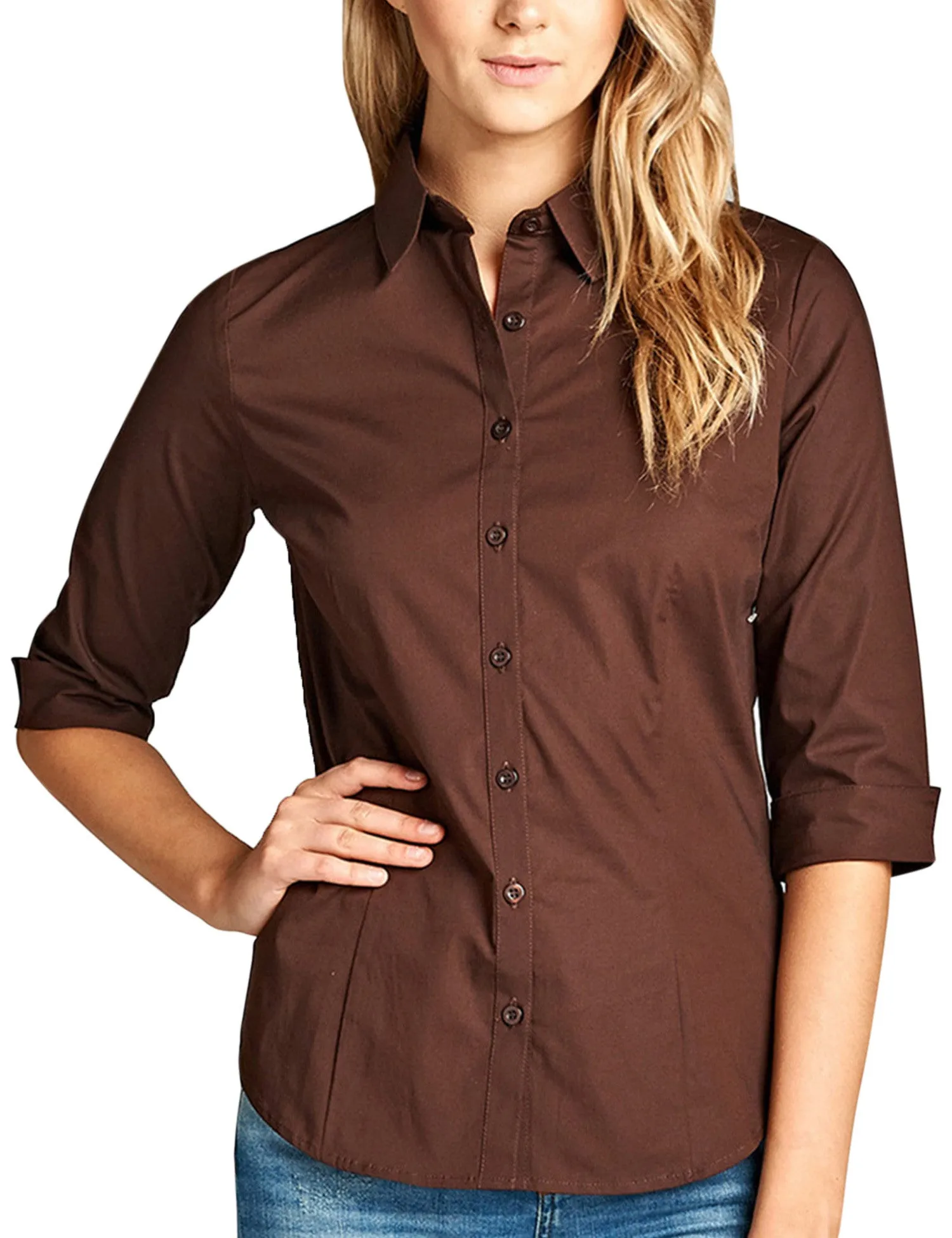Womens Classic Solid 3/4 Sleeve Button Down Blouse Dress Shirt
