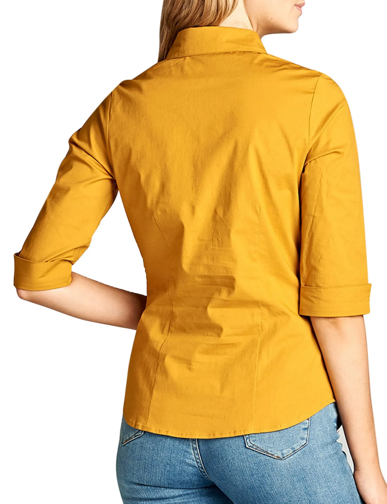 Womens Classic Solid 3/4 Sleeve Button Down Blouse Dress Shirt