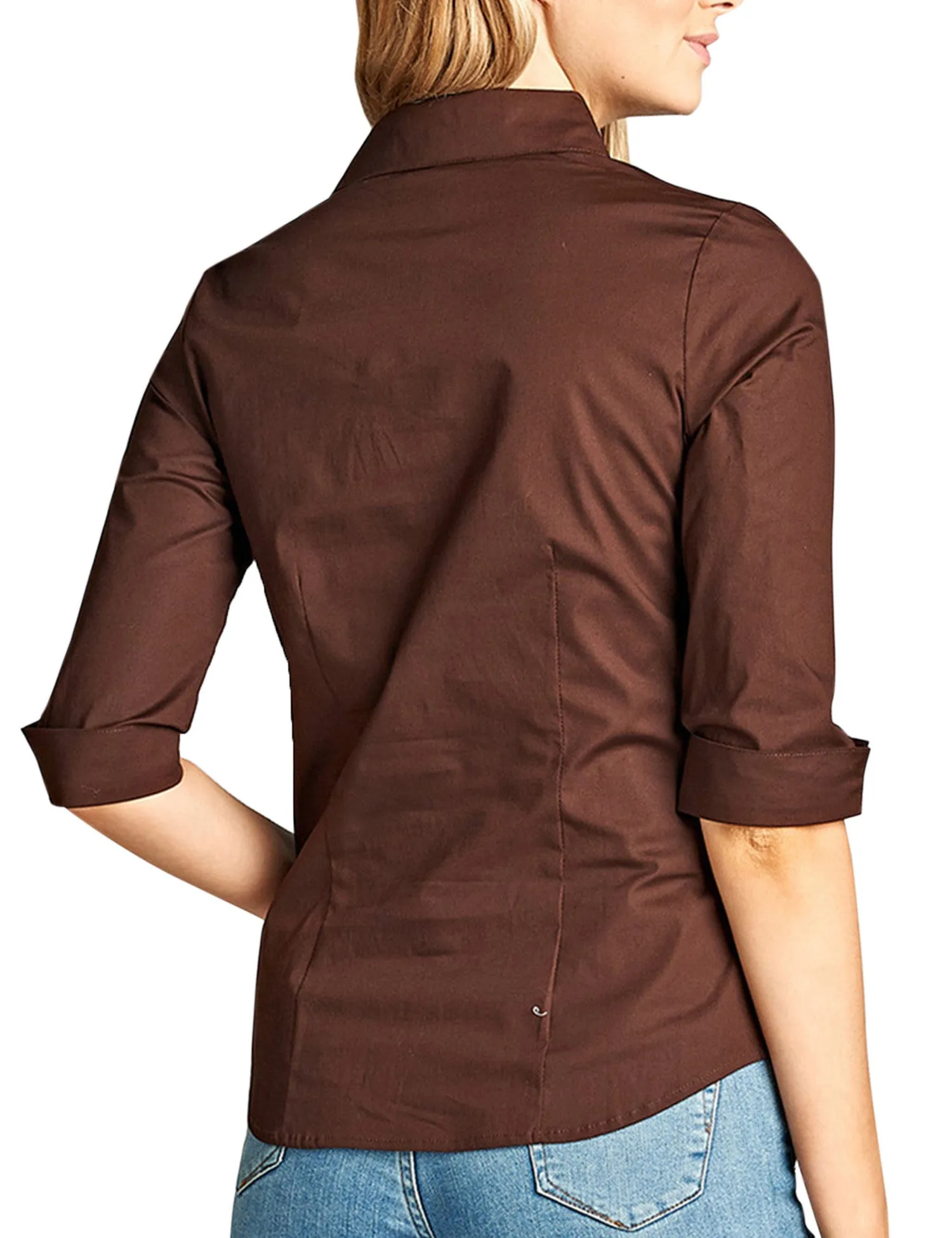Womens Classic Solid 3/4 Sleeve Button Down Blouse Dress Shirt