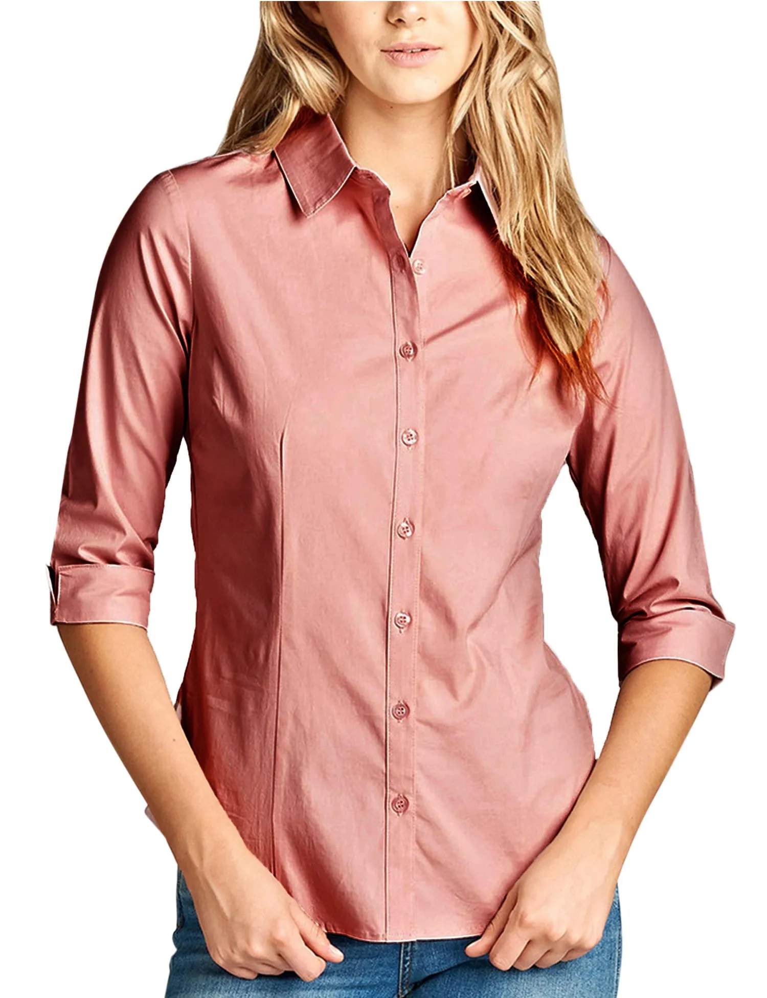 Womens Classic Solid 3/4 Sleeve Button Down Blouse Dress Shirt