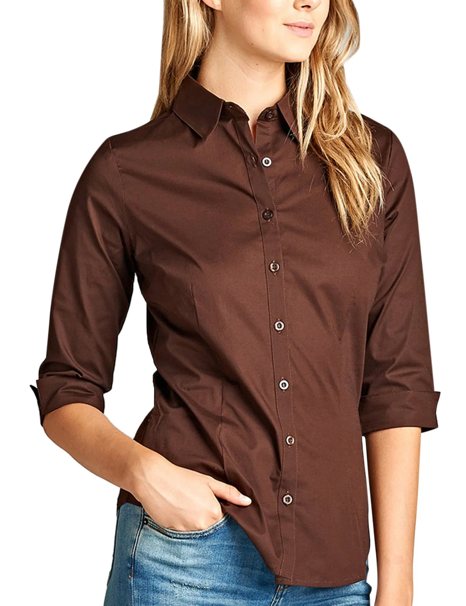 Womens Classic Solid 3/4 Sleeve Button Down Blouse Dress Shirt