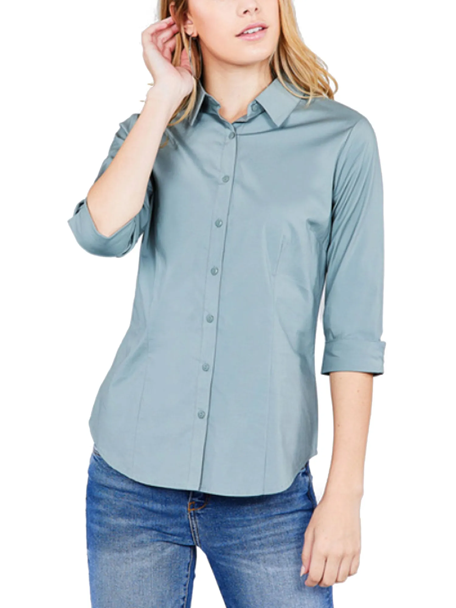 Womens Classic Solid 3/4 Sleeve Button Down Blouse Dress Shirt