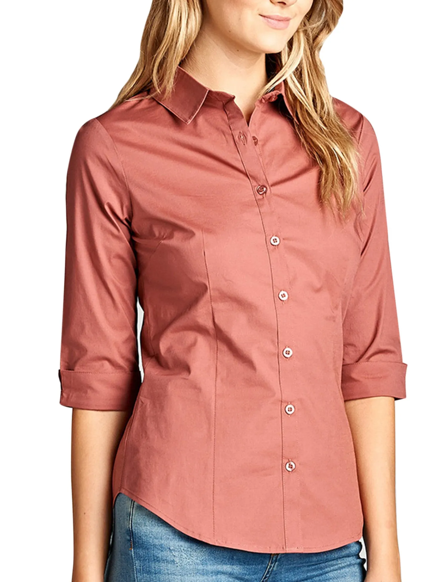 Womens Classic Solid 3/4 Sleeve Button Down Blouse Dress Shirt