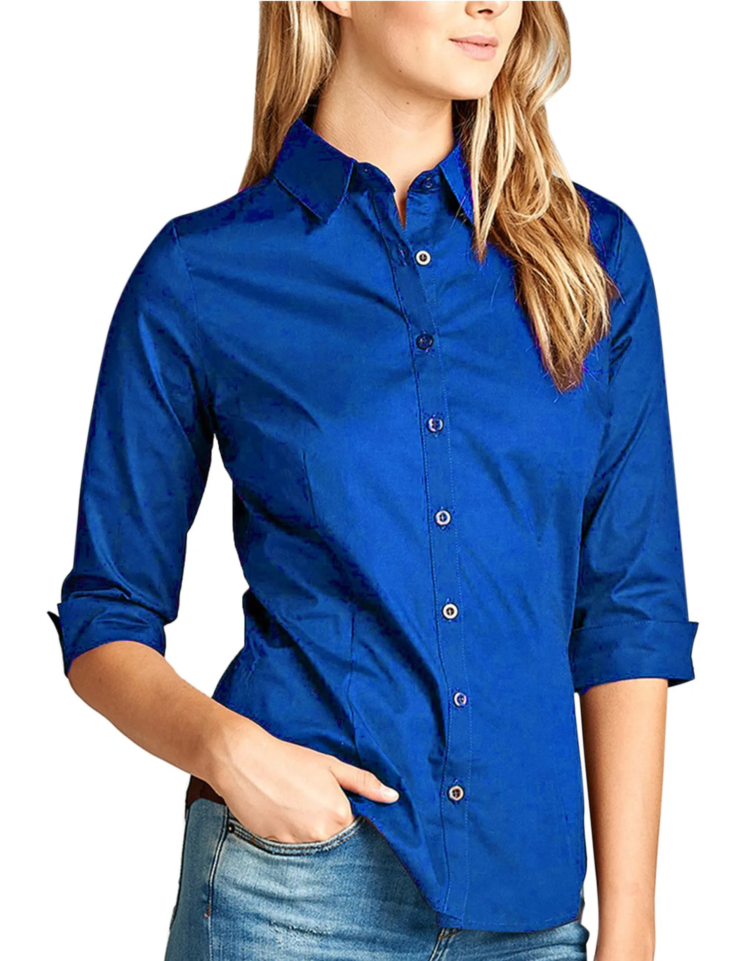 Womens Classic Solid 3/4 Sleeve Button Down Blouse Dress Shirt