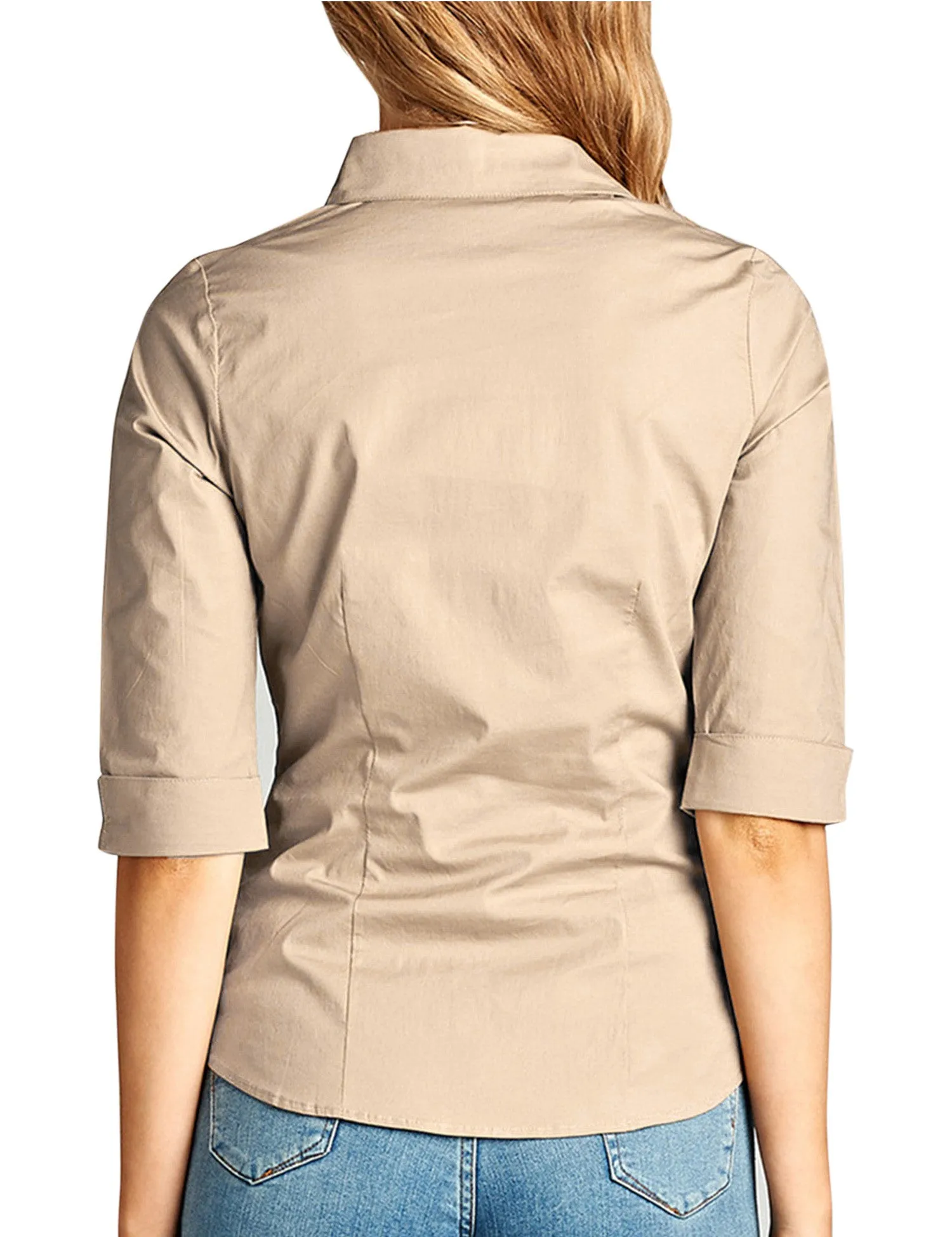 Womens Classic Solid 3/4 Sleeve Button Down Blouse Dress Shirt