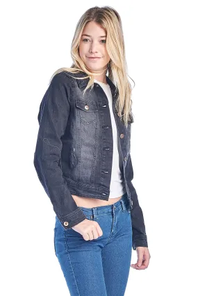 Women's Long Sleeve Basic Casual Classic Cotton Button Front Faded Wash Denim Jean Jacket
