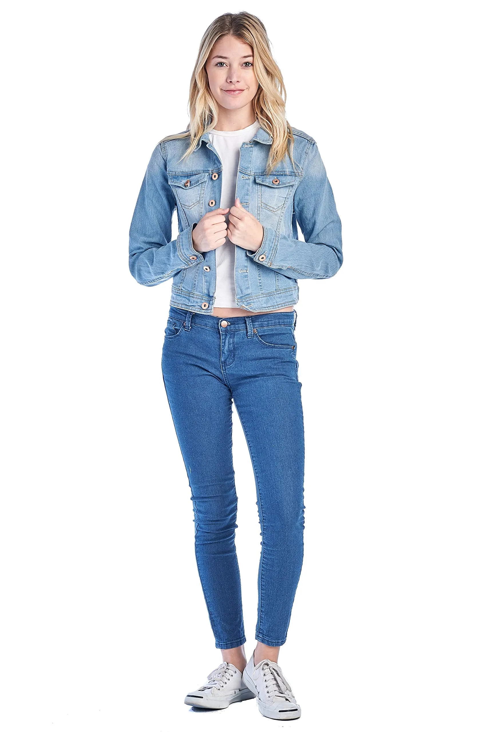 Women's Long Sleeve Basic Casual Classic Cotton Button Front Faded Wash Denim Jean Jacket