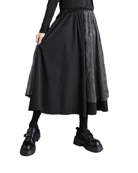 Women's Pants Elastic Flowy Hem Black and Grey Leaf Patchwork Pockets Below Knee Baggy Loose GZ283