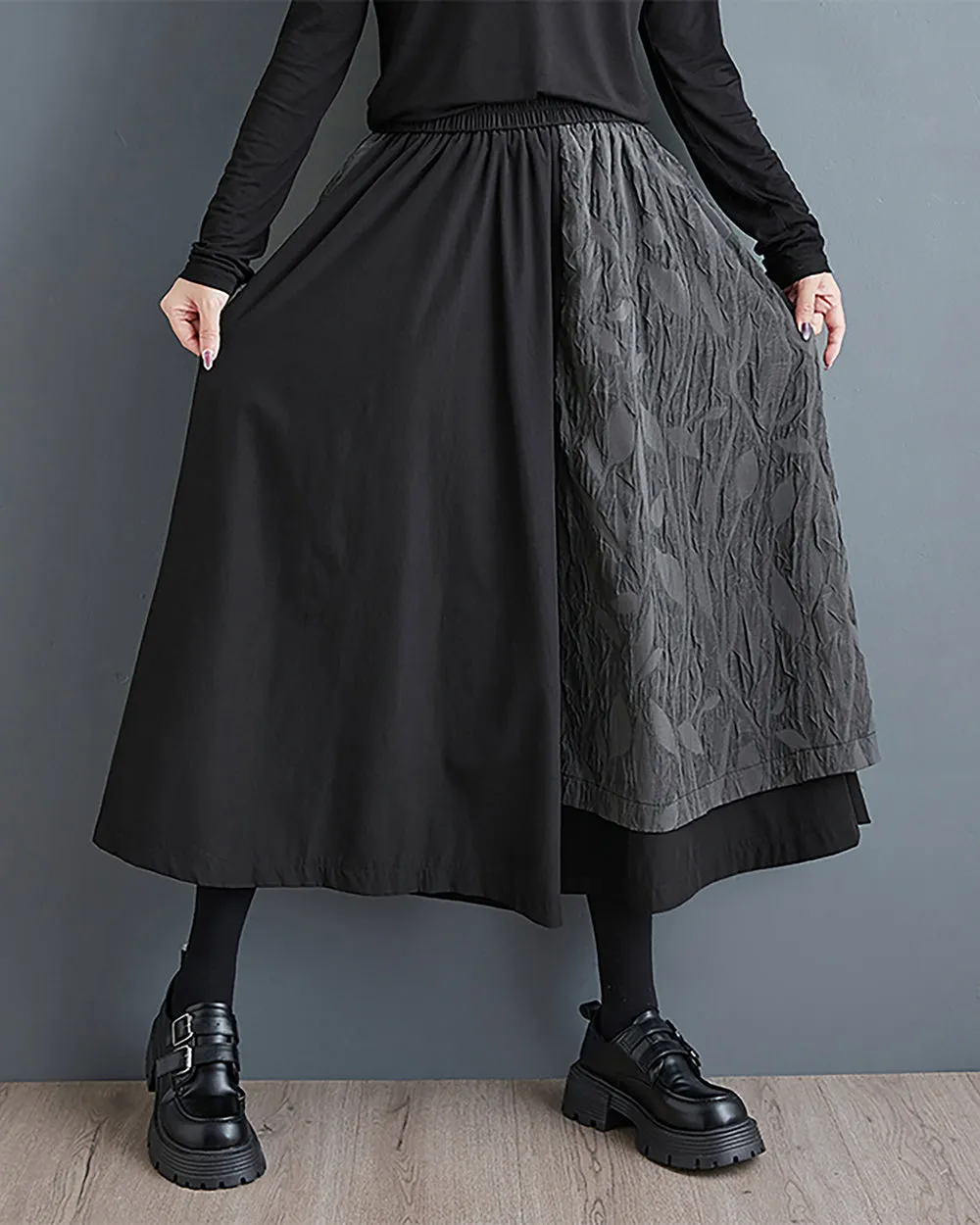 Women's Pants Elastic Flowy Hem Black and Grey Leaf Patchwork Pockets Below Knee Baggy Loose GZ283
