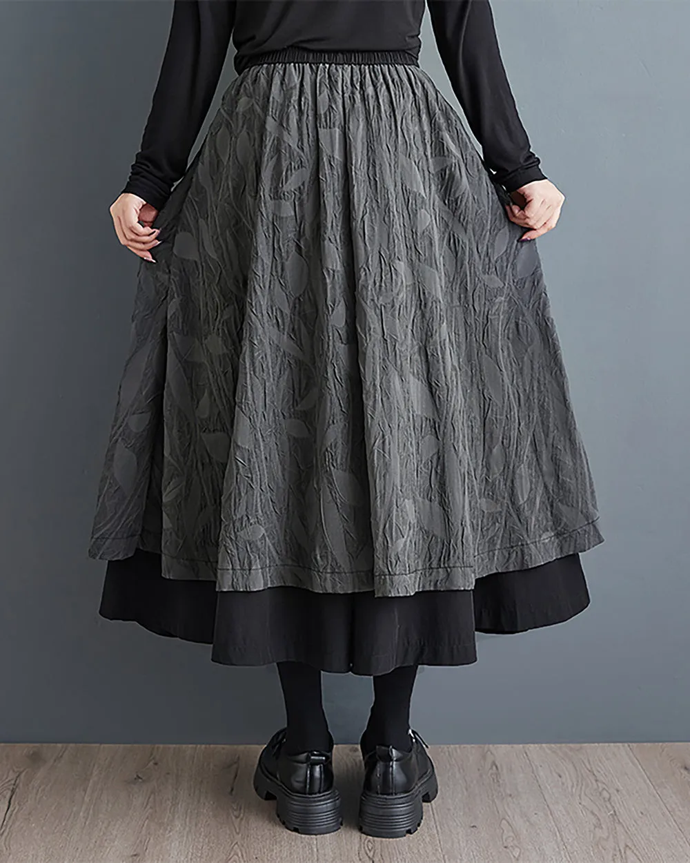 Women's Pants Elastic Flowy Hem Black and Grey Leaf Patchwork Pockets Below Knee Baggy Loose GZ283