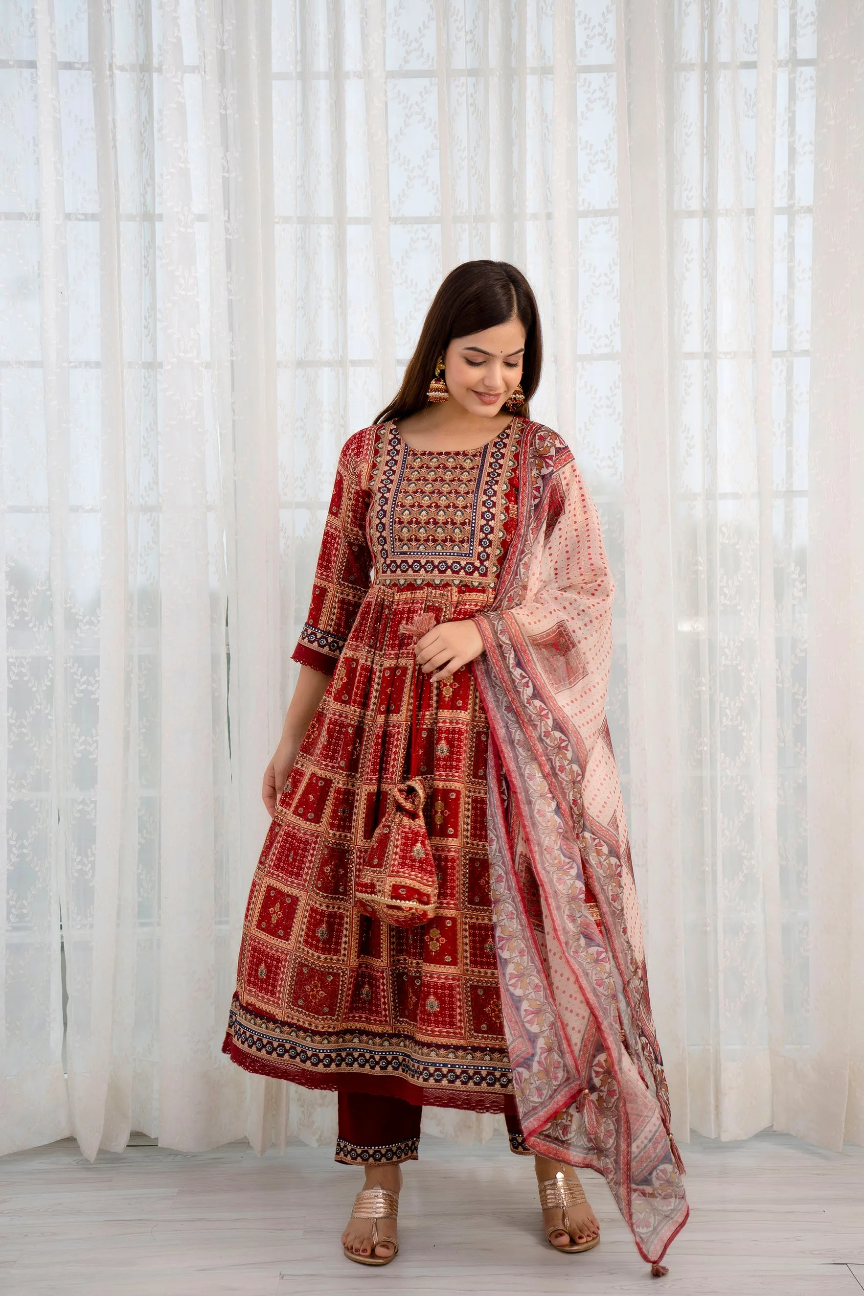 Women's Rayon Maroon Nyara Cut A-line Kurta, Pant and Dupatta With Fancy Potli Set
