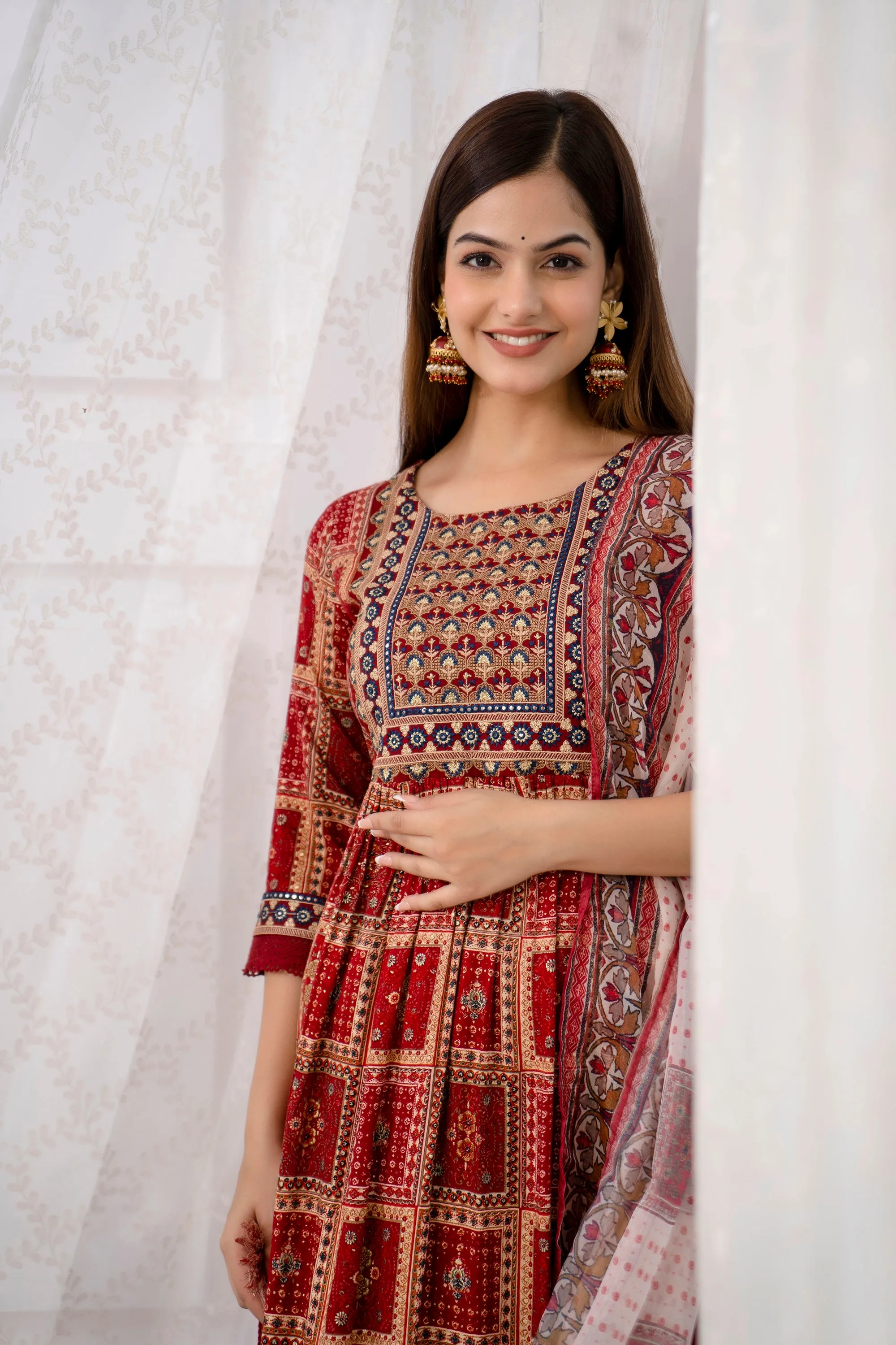 Women's Rayon Maroon Nyara Cut A-line Kurta, Pant and Dupatta With Fancy Potli Set