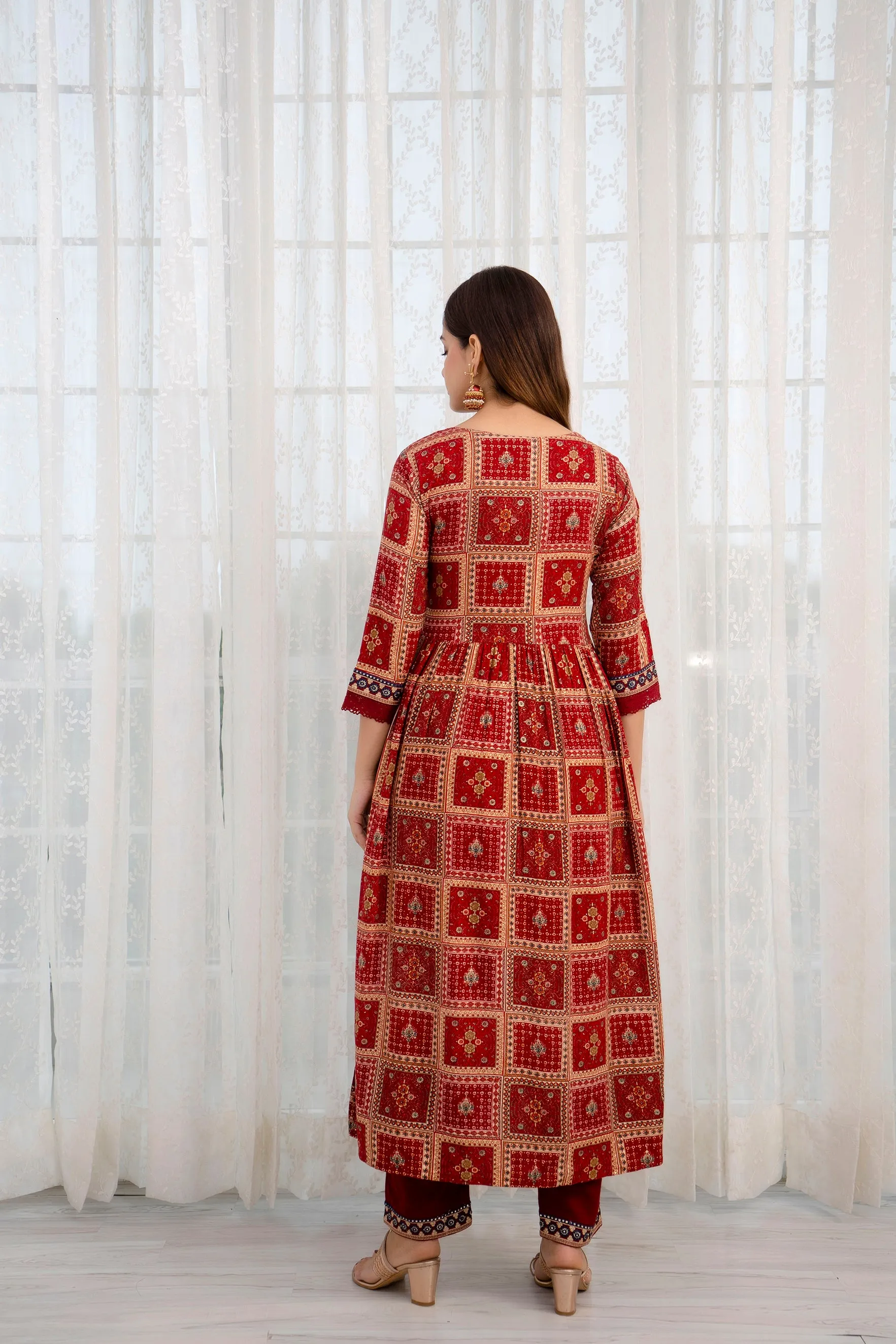 Women's Rayon Maroon Nyara Cut A-line Kurta, Pant and Dupatta With Fancy Potli Set