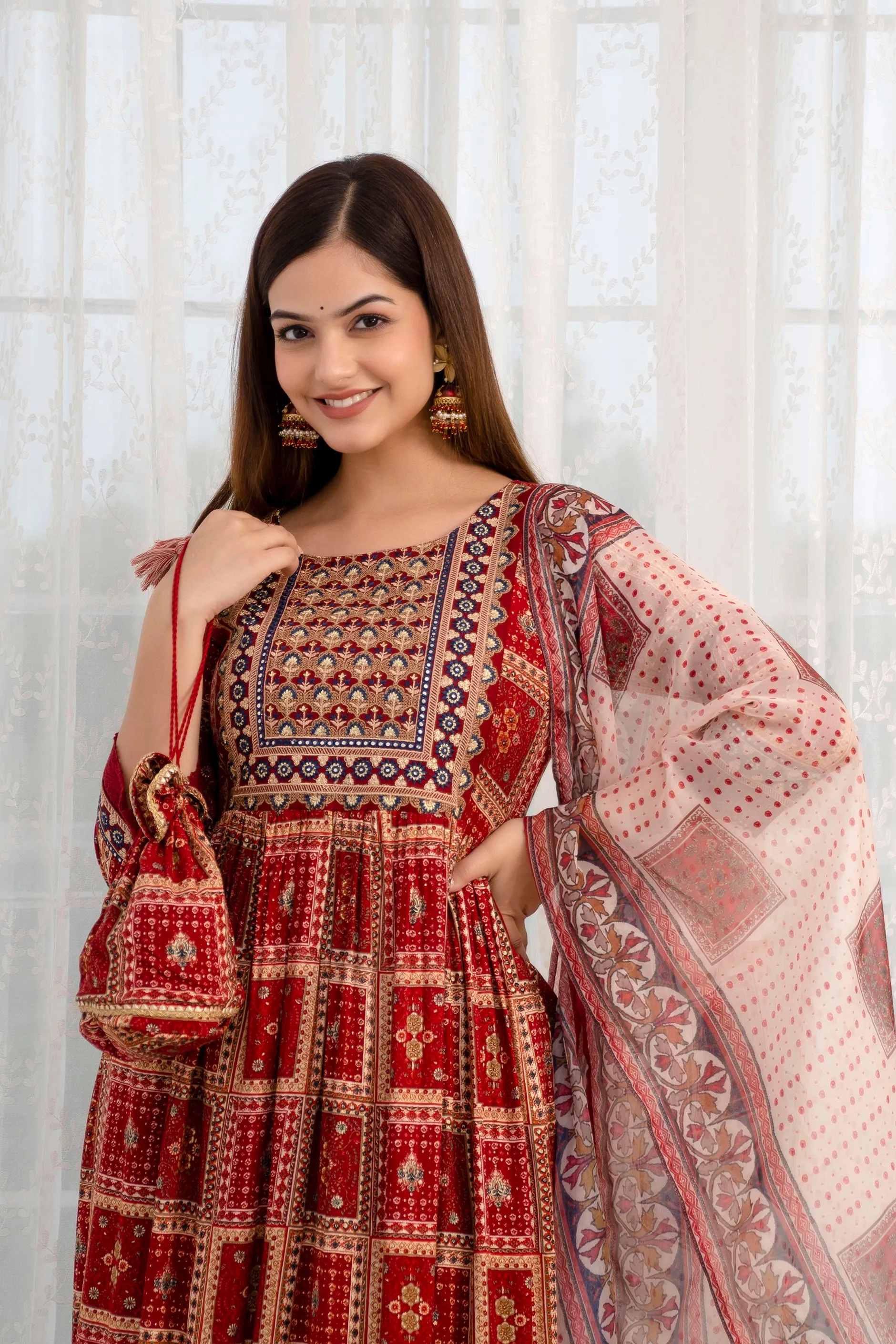 Women's Rayon Maroon Nyara Cut A-line Kurta, Pant and Dupatta With Fancy Potli Set