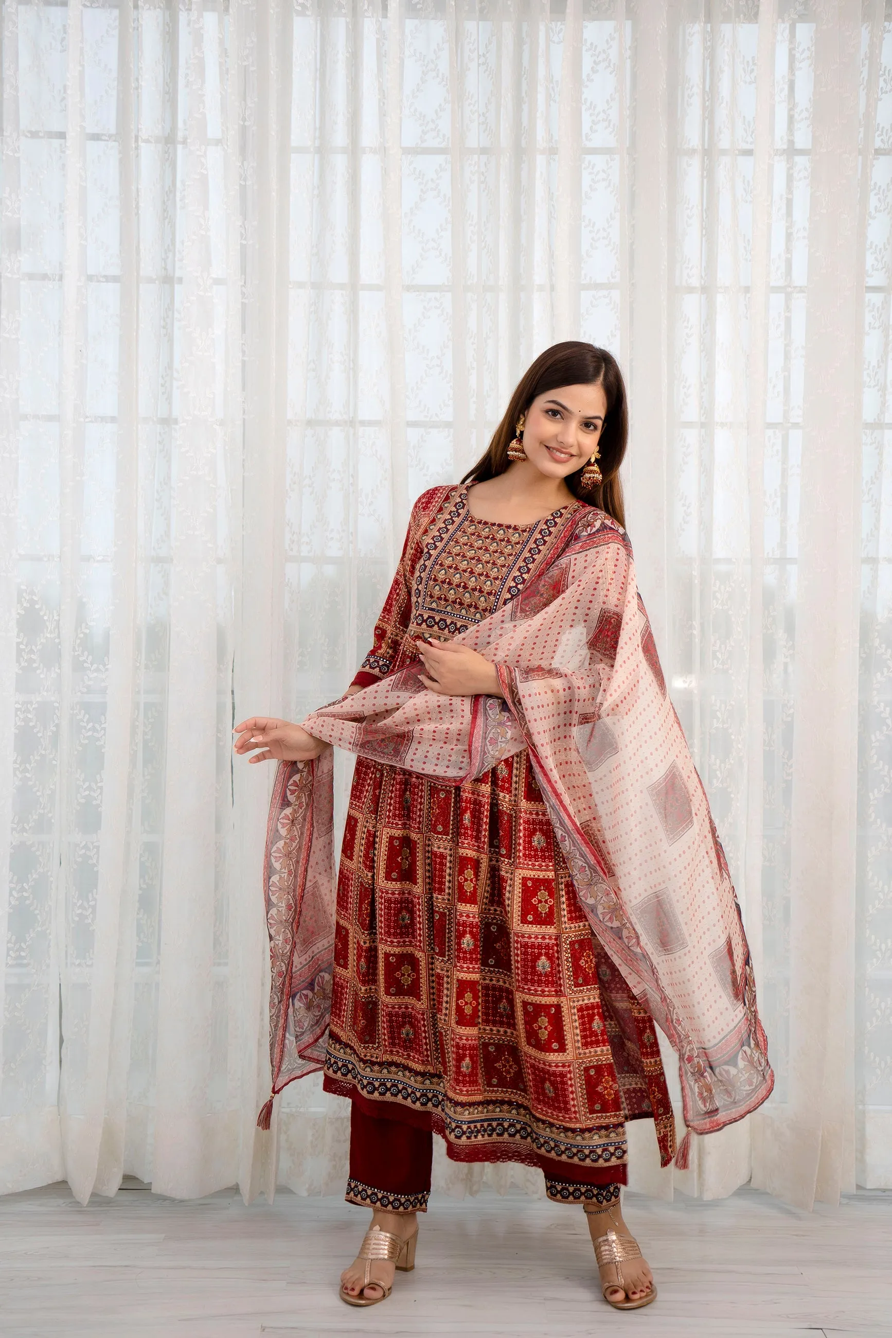 Women's Rayon Maroon Nyara Cut A-line Kurta, Pant and Dupatta With Fancy Potli Set