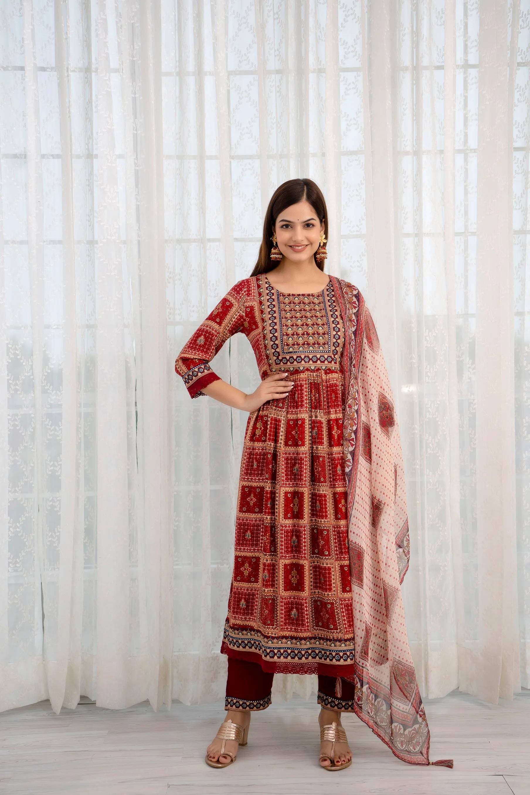 Women's Rayon Maroon Nyara Cut A-line Kurta, Pant and Dupatta With Fancy Potli Set