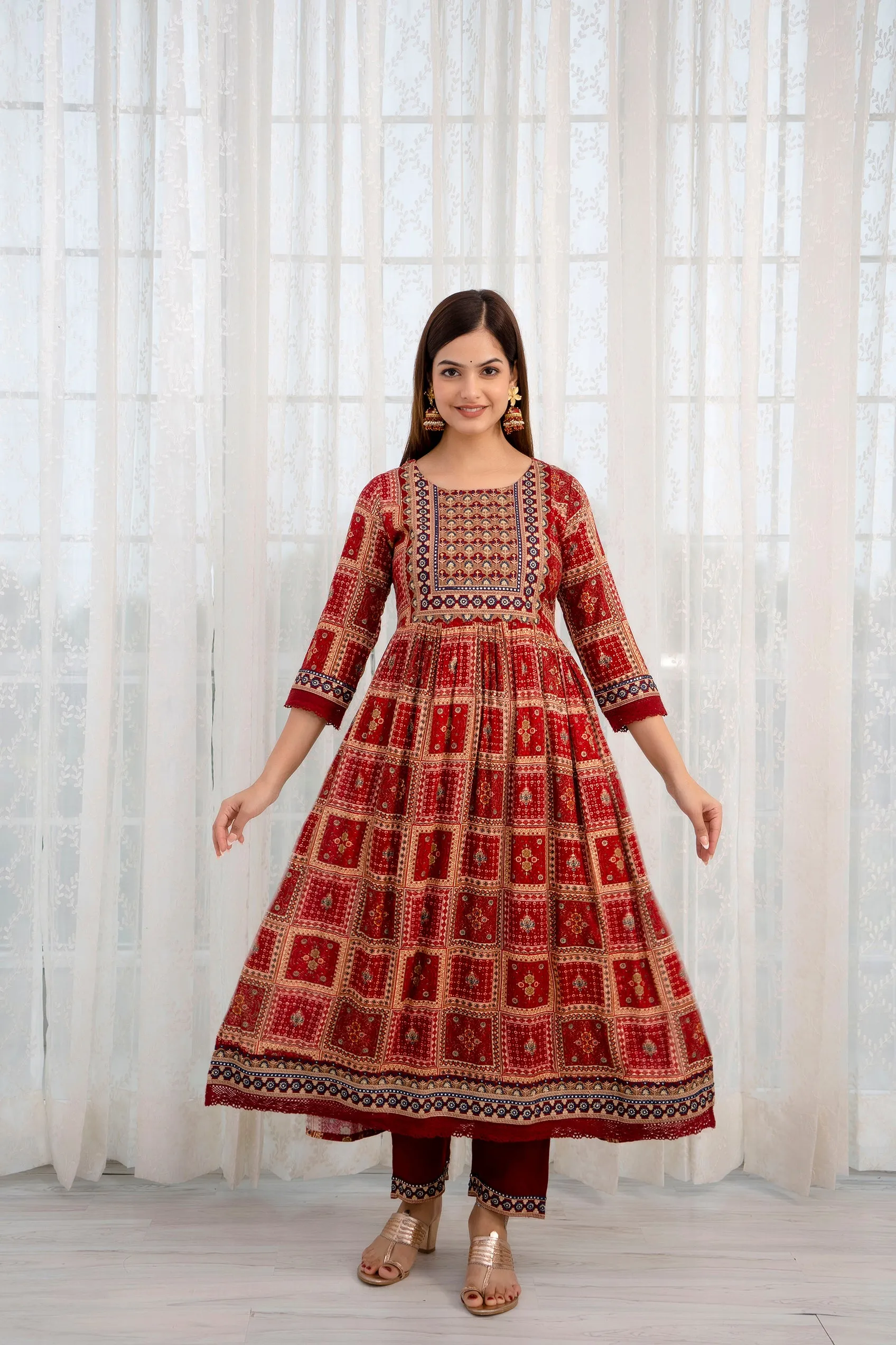Women's Rayon Maroon Nyara Cut A-line Kurta, Pant and Dupatta With Fancy Potli Set