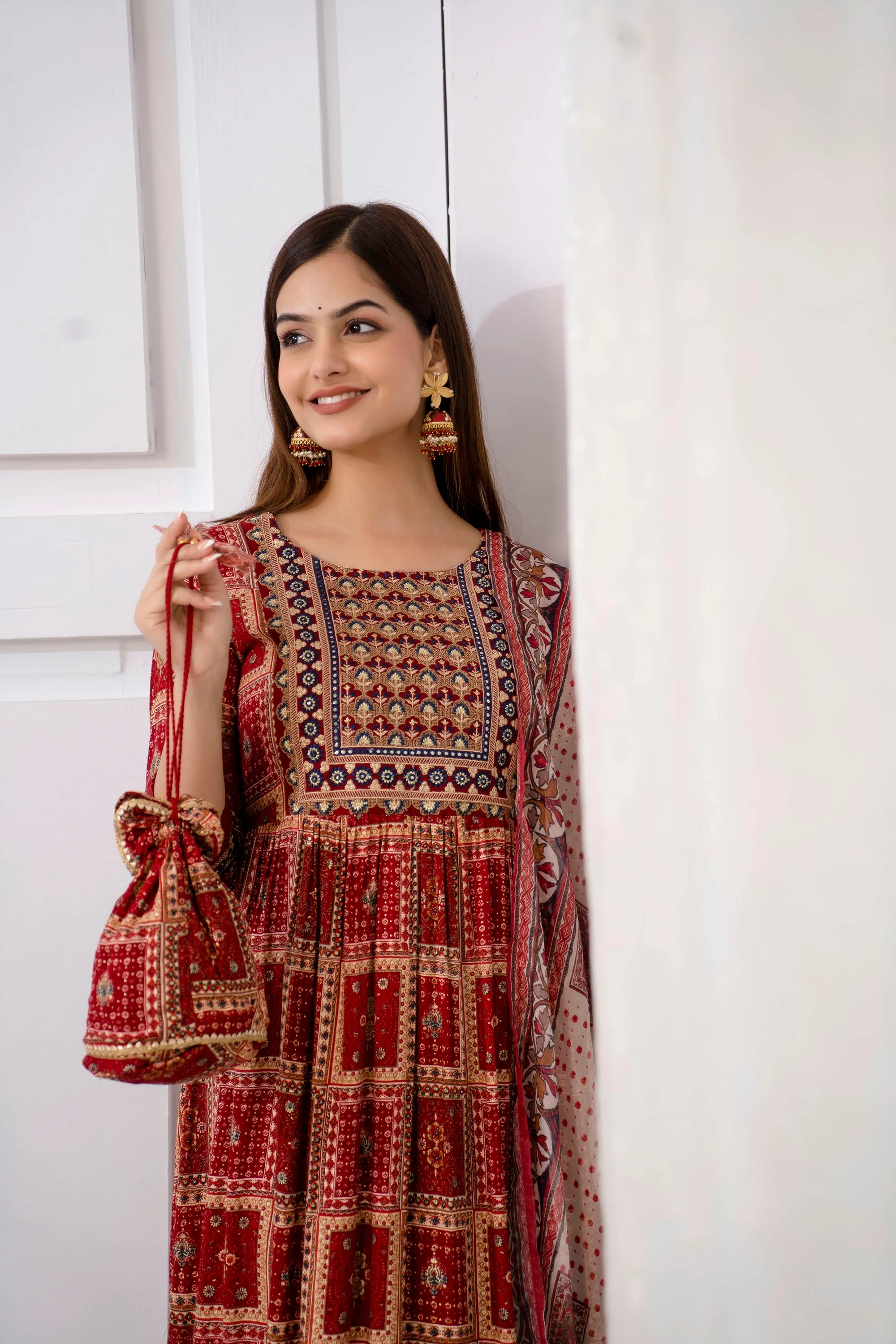 Women's Rayon Maroon Nyara Cut A-line Kurta, Pant and Dupatta With Fancy Potli Set