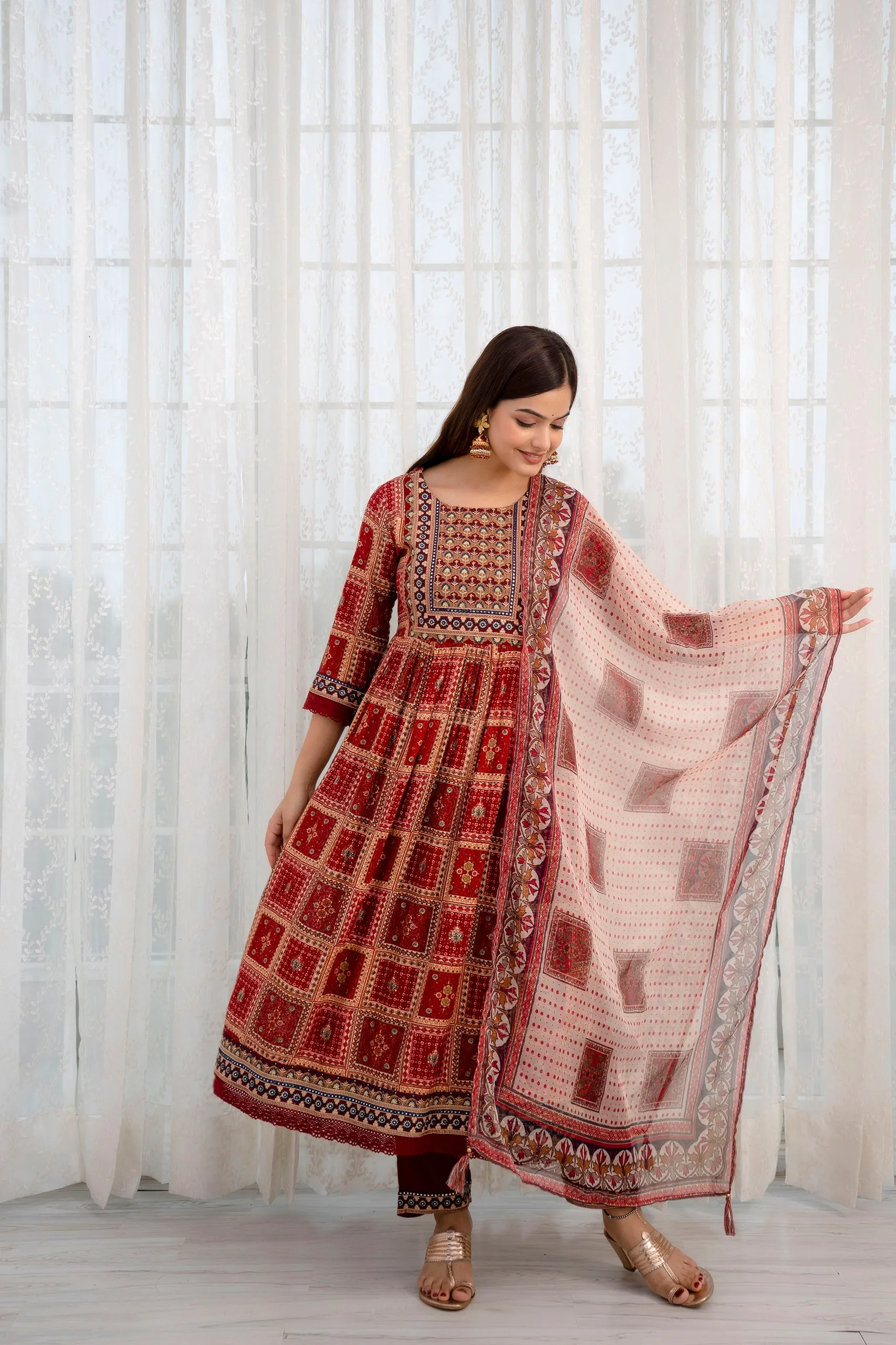 Women's Rayon Maroon Nyara Cut A-line Kurta, Pant and Dupatta With Fancy Potli Set
