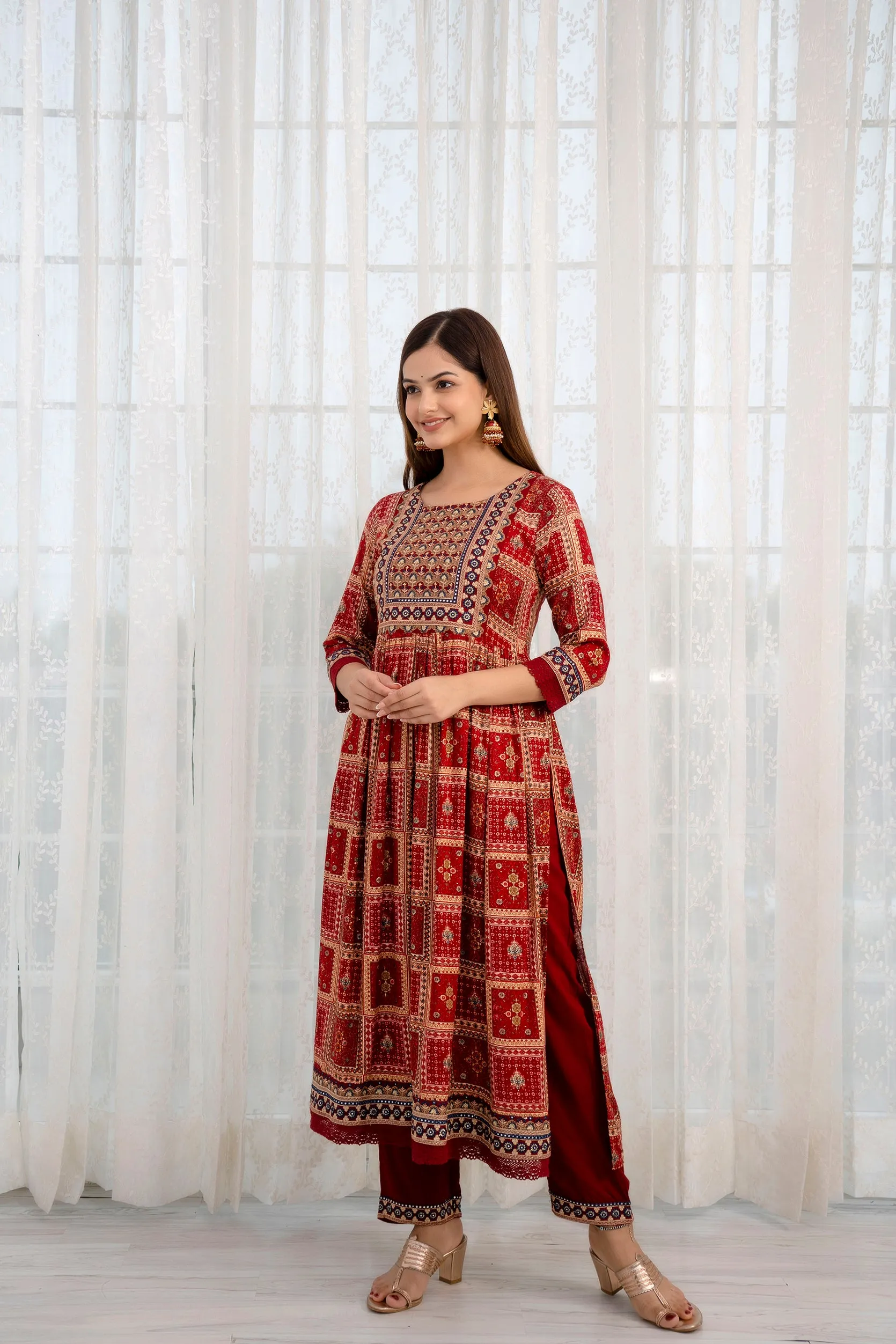 Women's Rayon Maroon Nyara Cut A-line Kurta, Pant and Dupatta With Fancy Potli Set